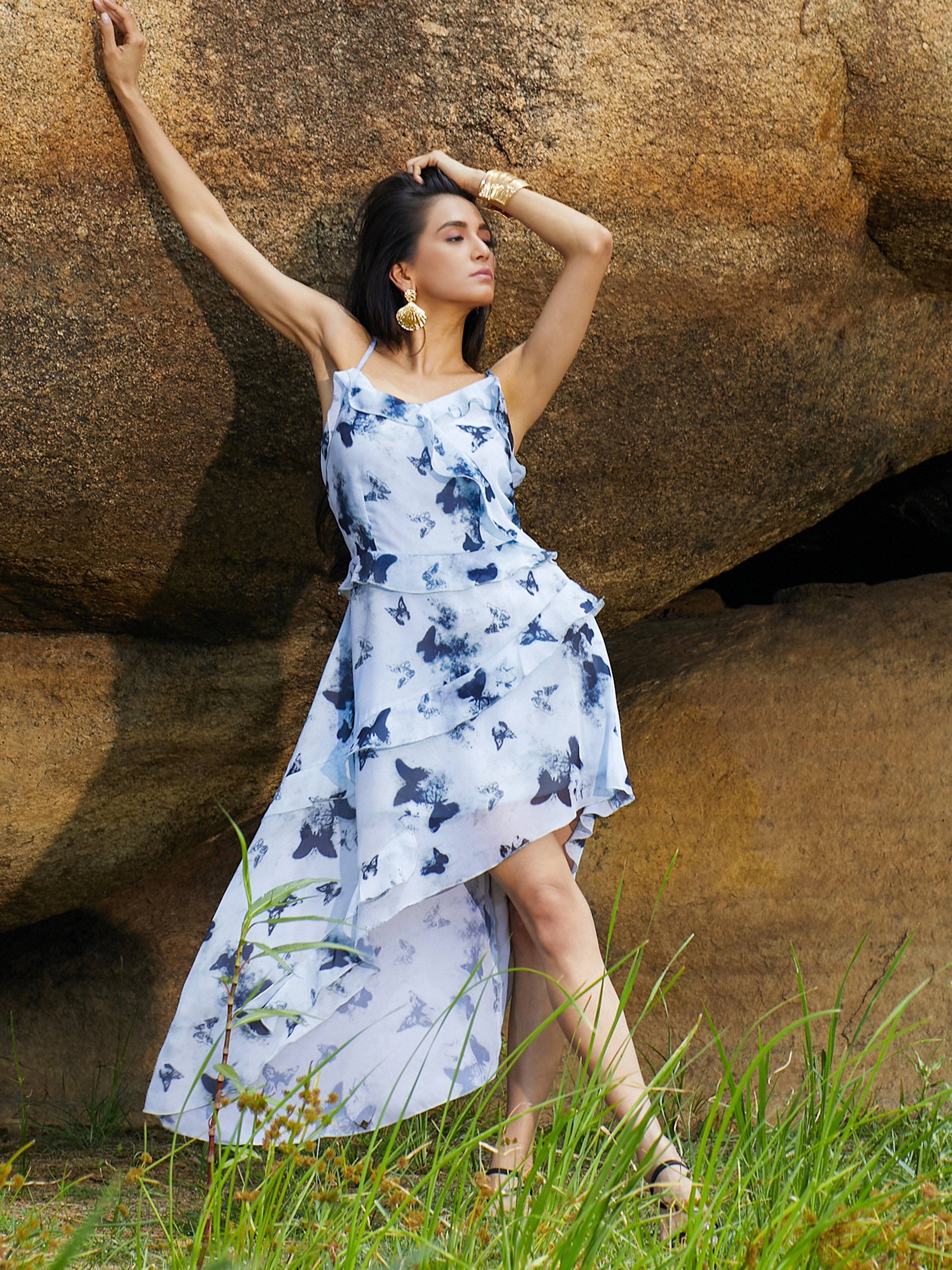 Blue Blurry Butterfly Print Midi Dress