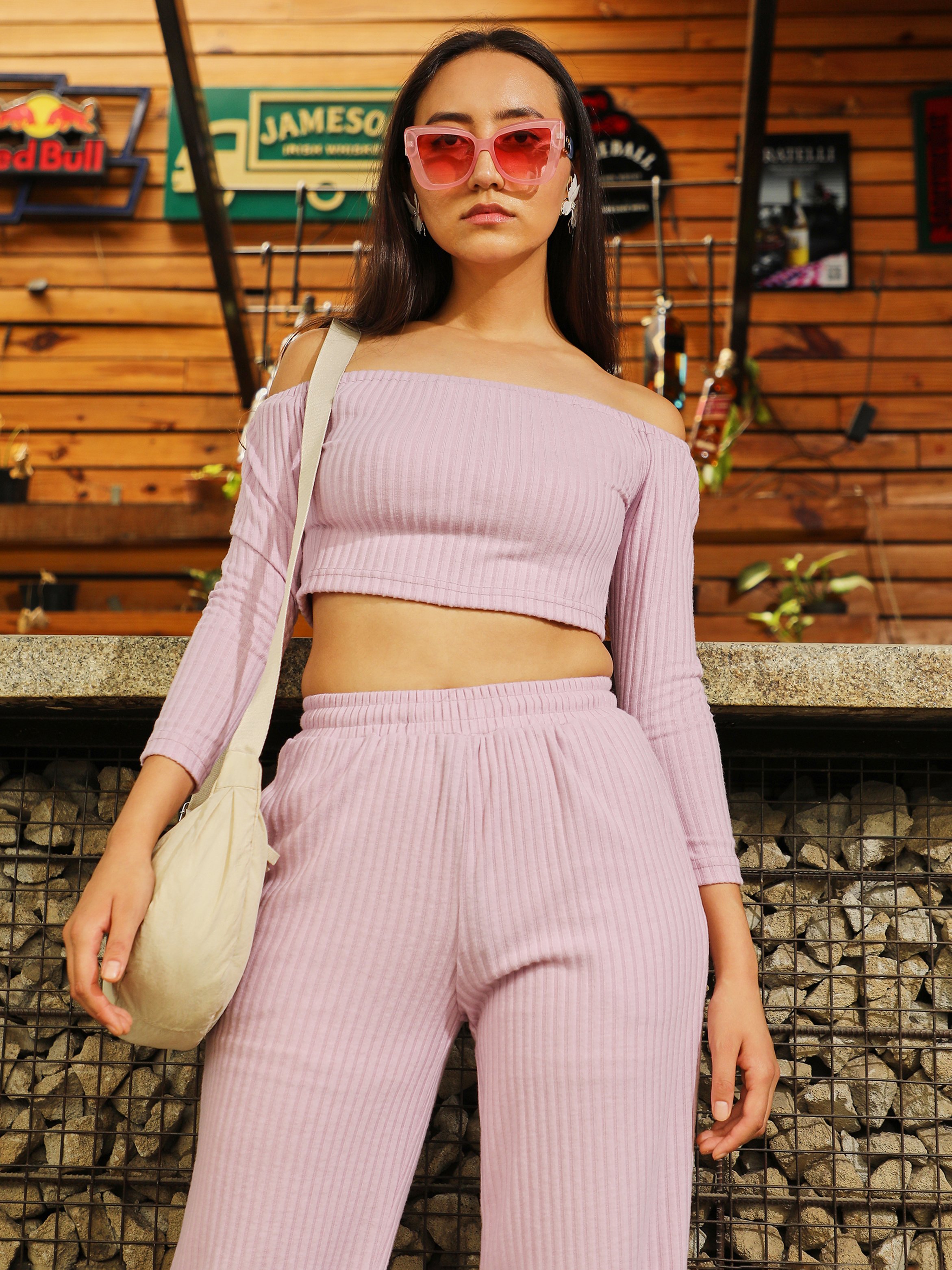 Baby Pink Ribbed Crop Top and Pants Co-Ord Set