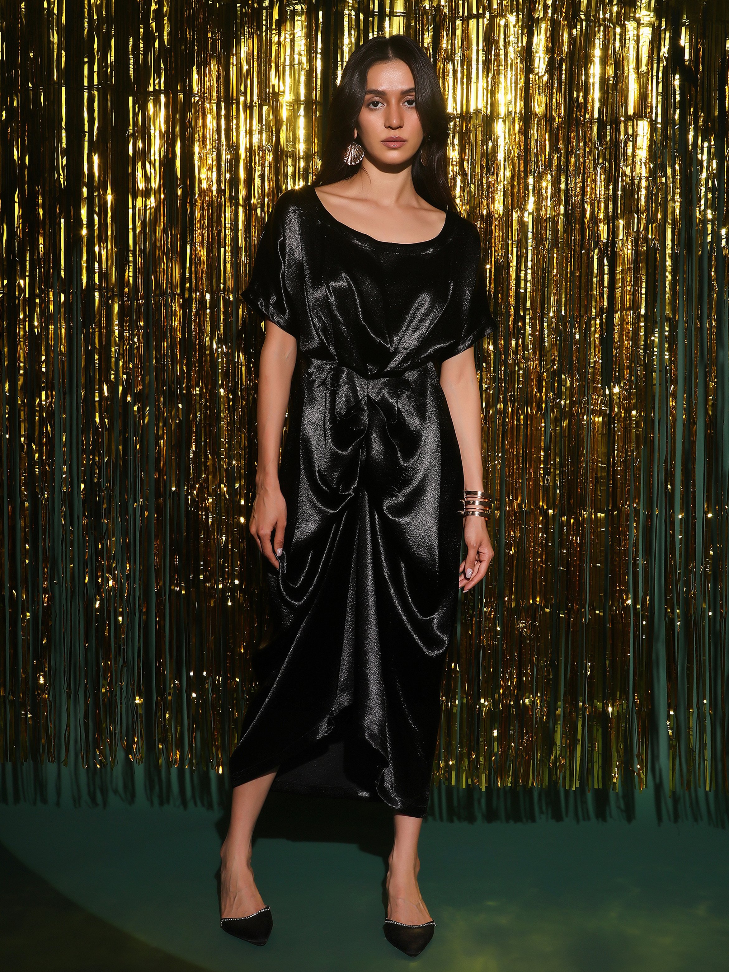 Midnight Black Draped Satin Midi Dress