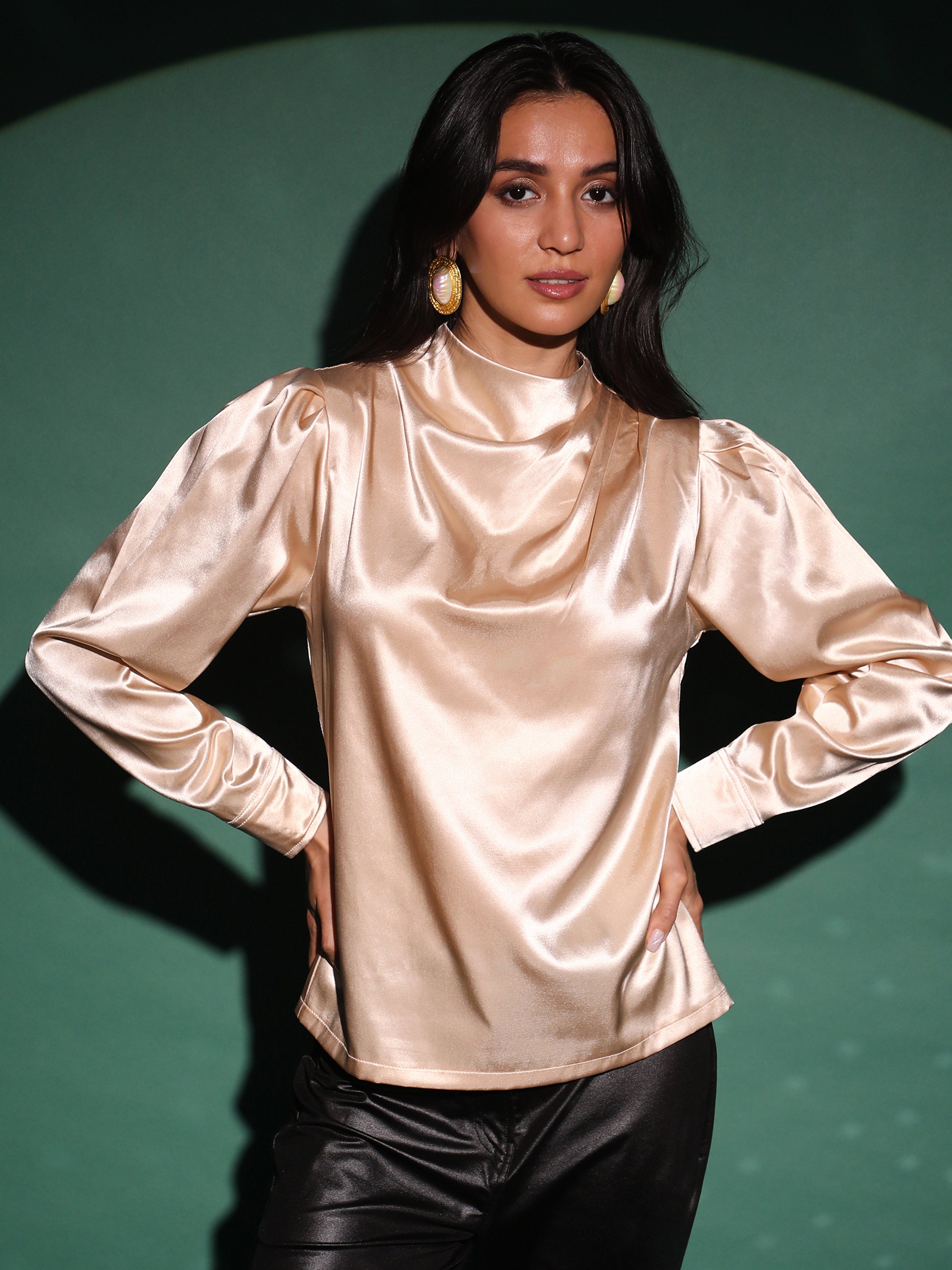 Beige Solid Draped Top