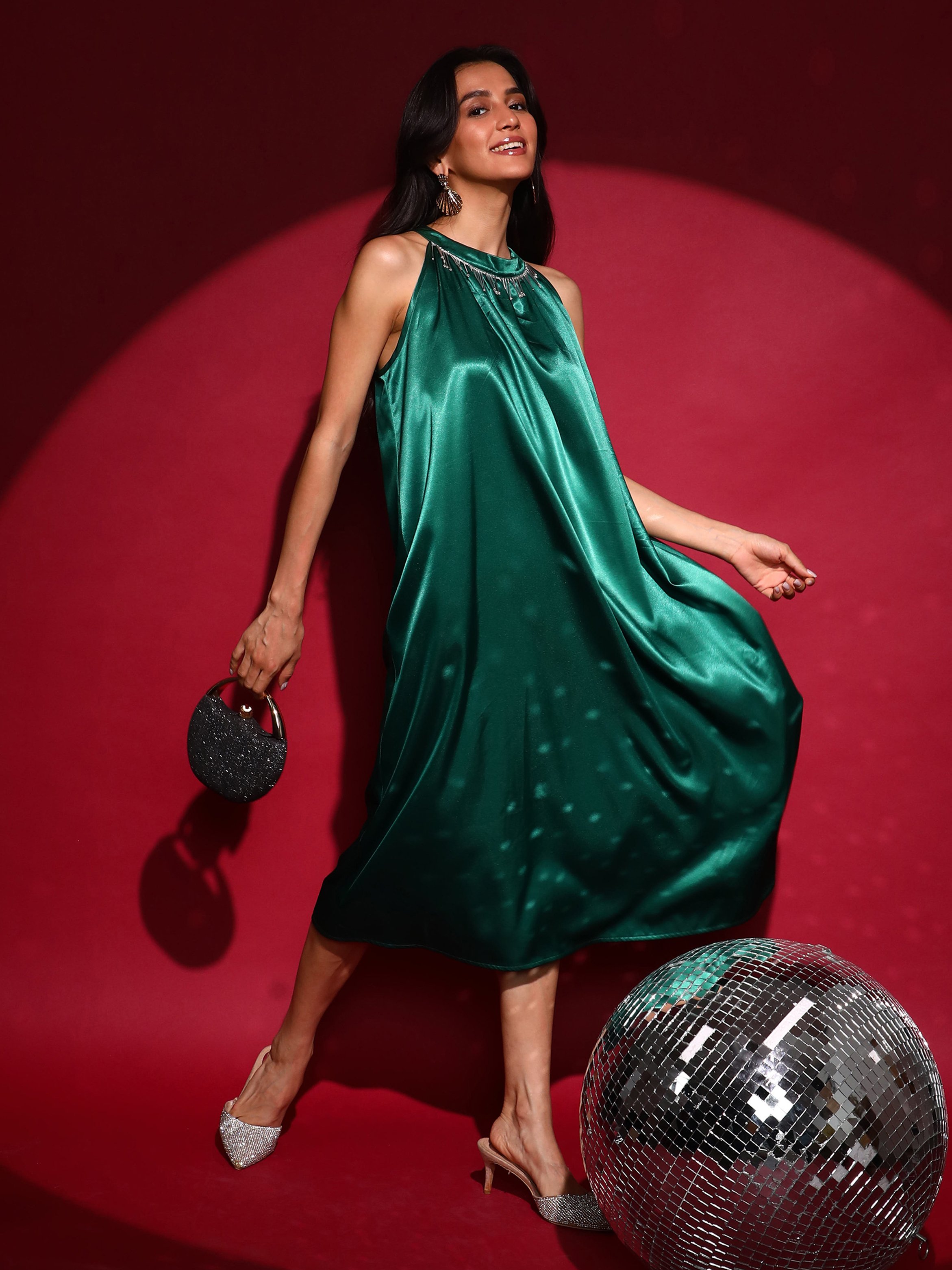 Emerald Green Halter Midi Dress with Embellishment