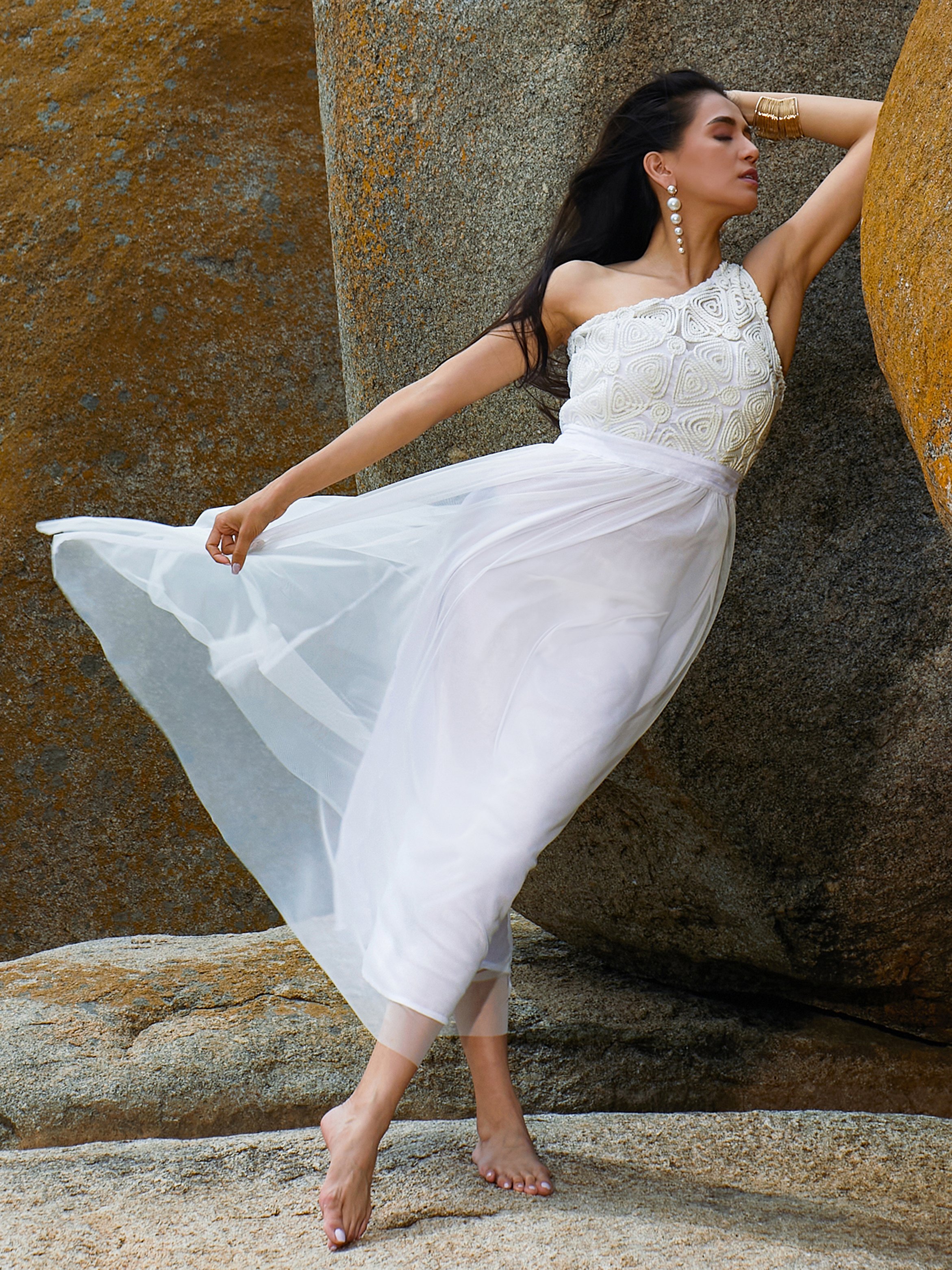 Powder White Textured Coil Maxi Dress
