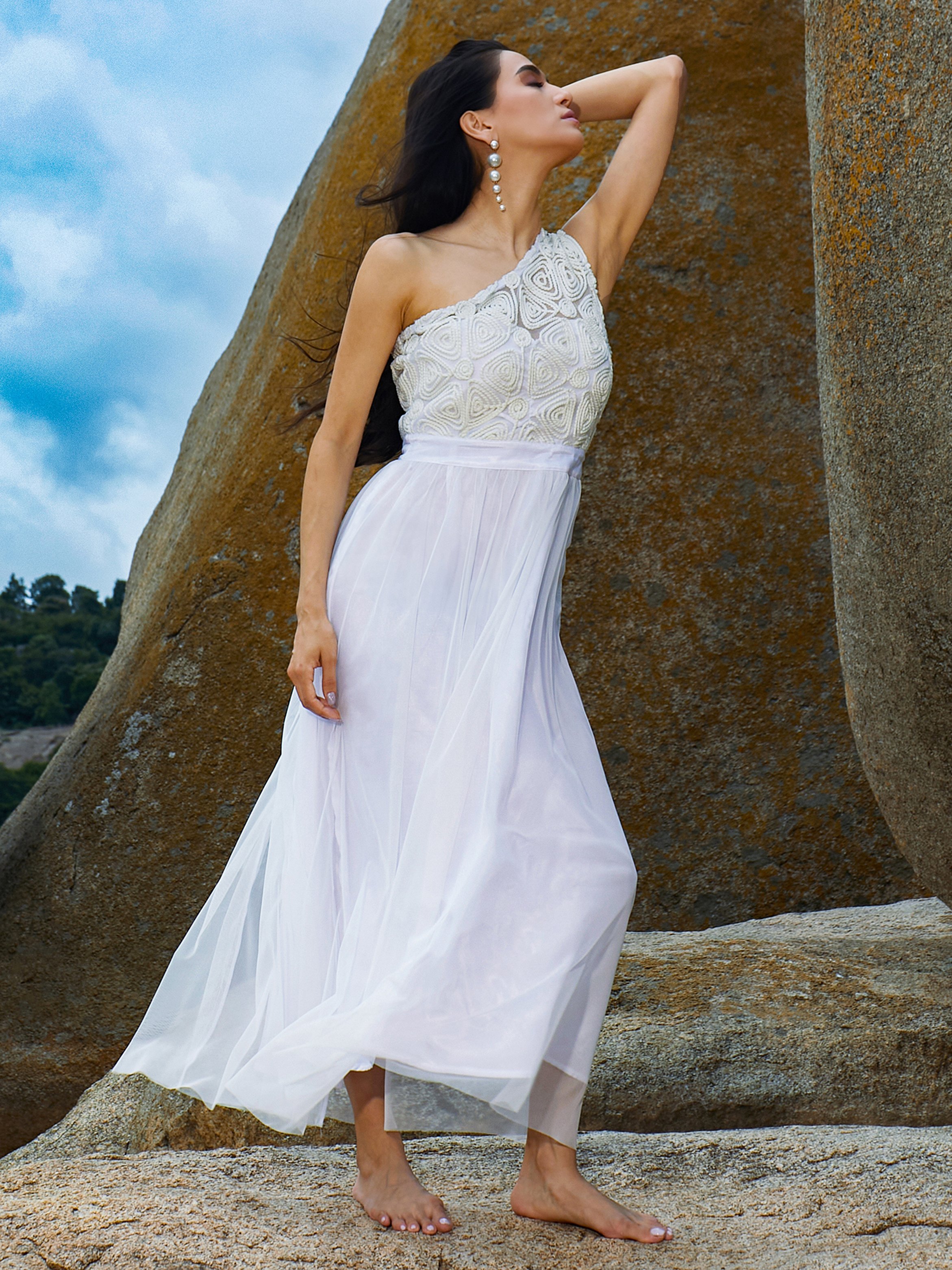 Powder White Textured Coil Maxi Dress
