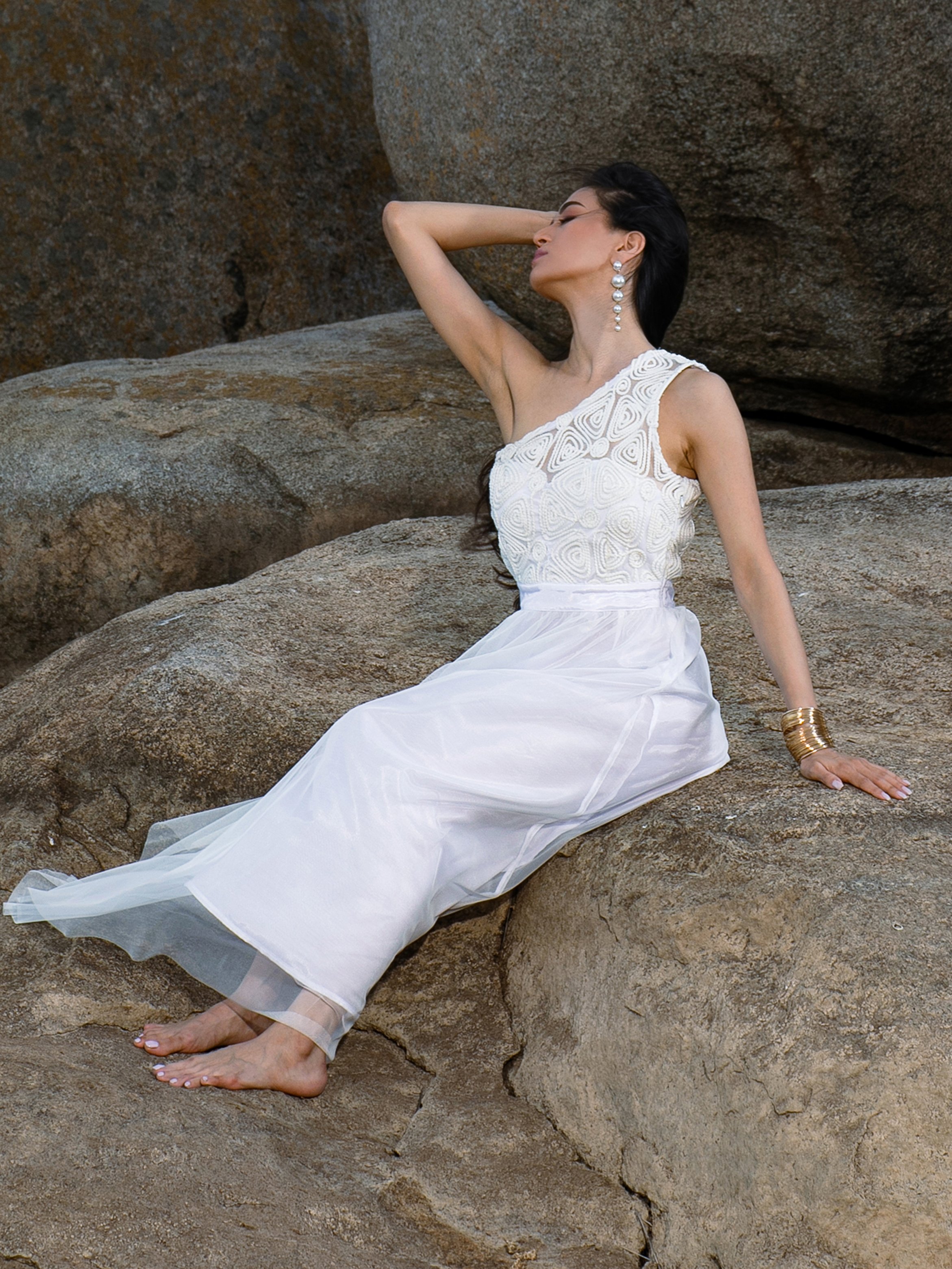 Powder White Textured Coil Maxi Dress