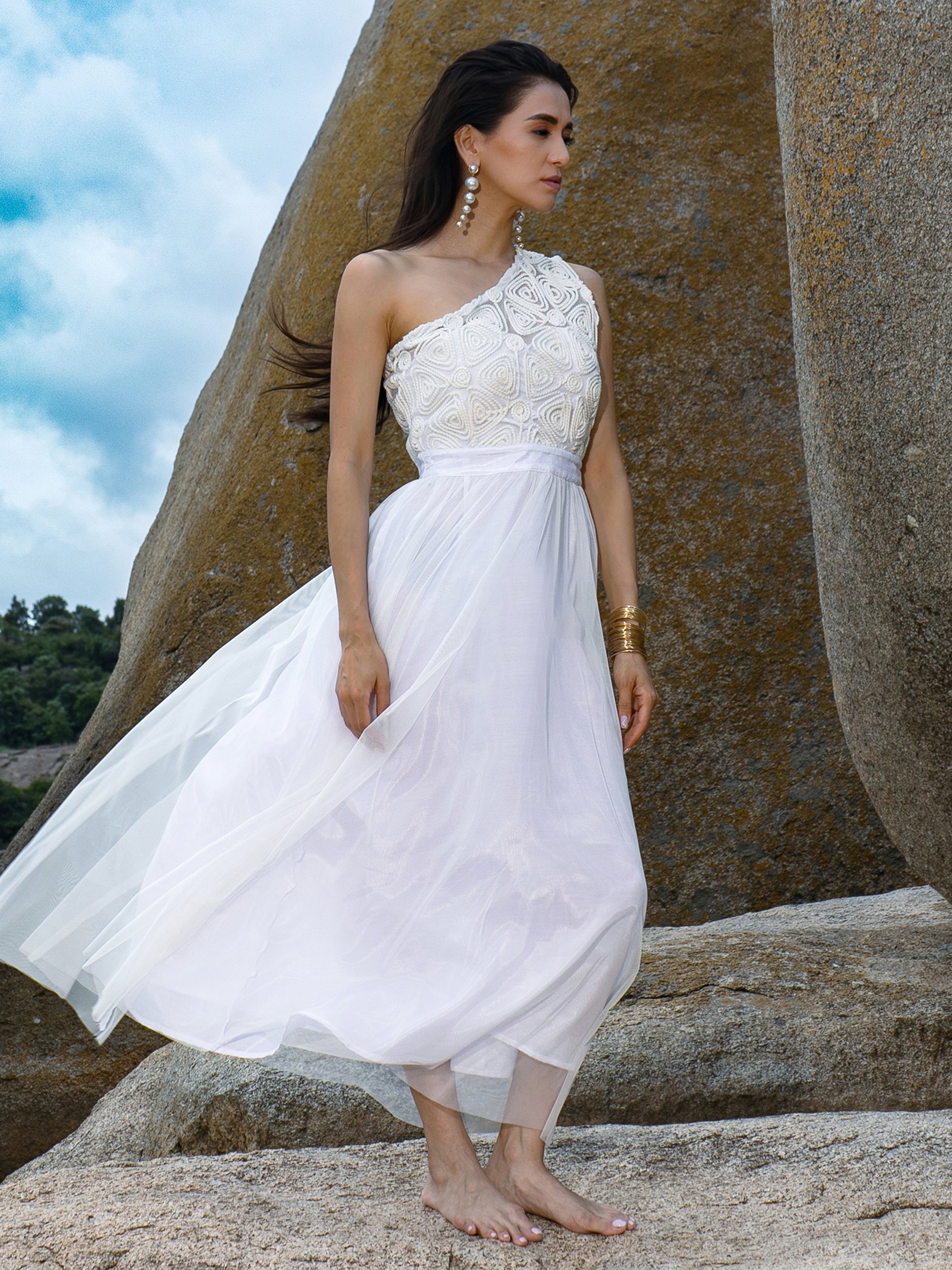 Powder White Textured Coil Maxi Dress