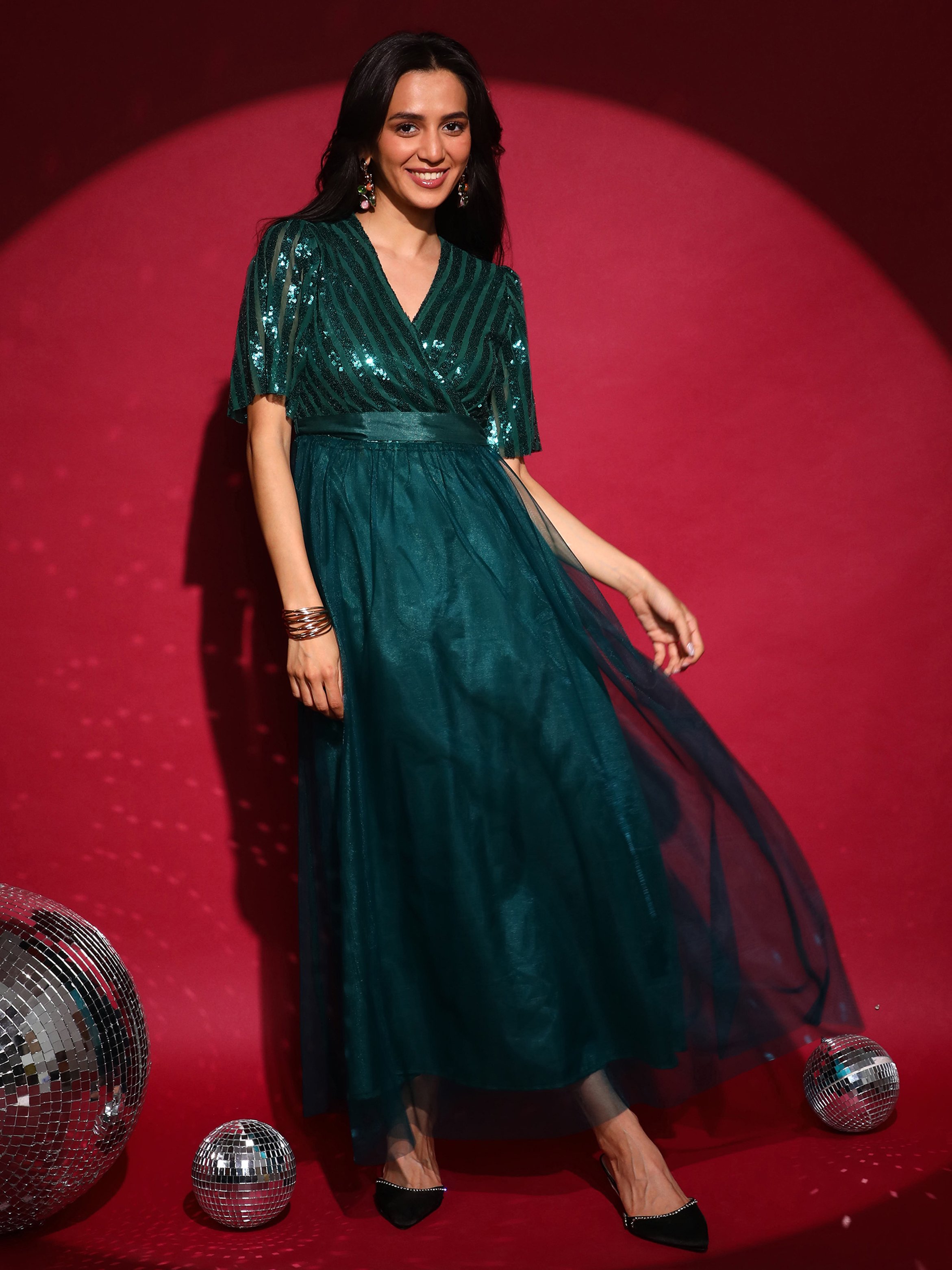Emerald Green Sequin Block Maxi Dress