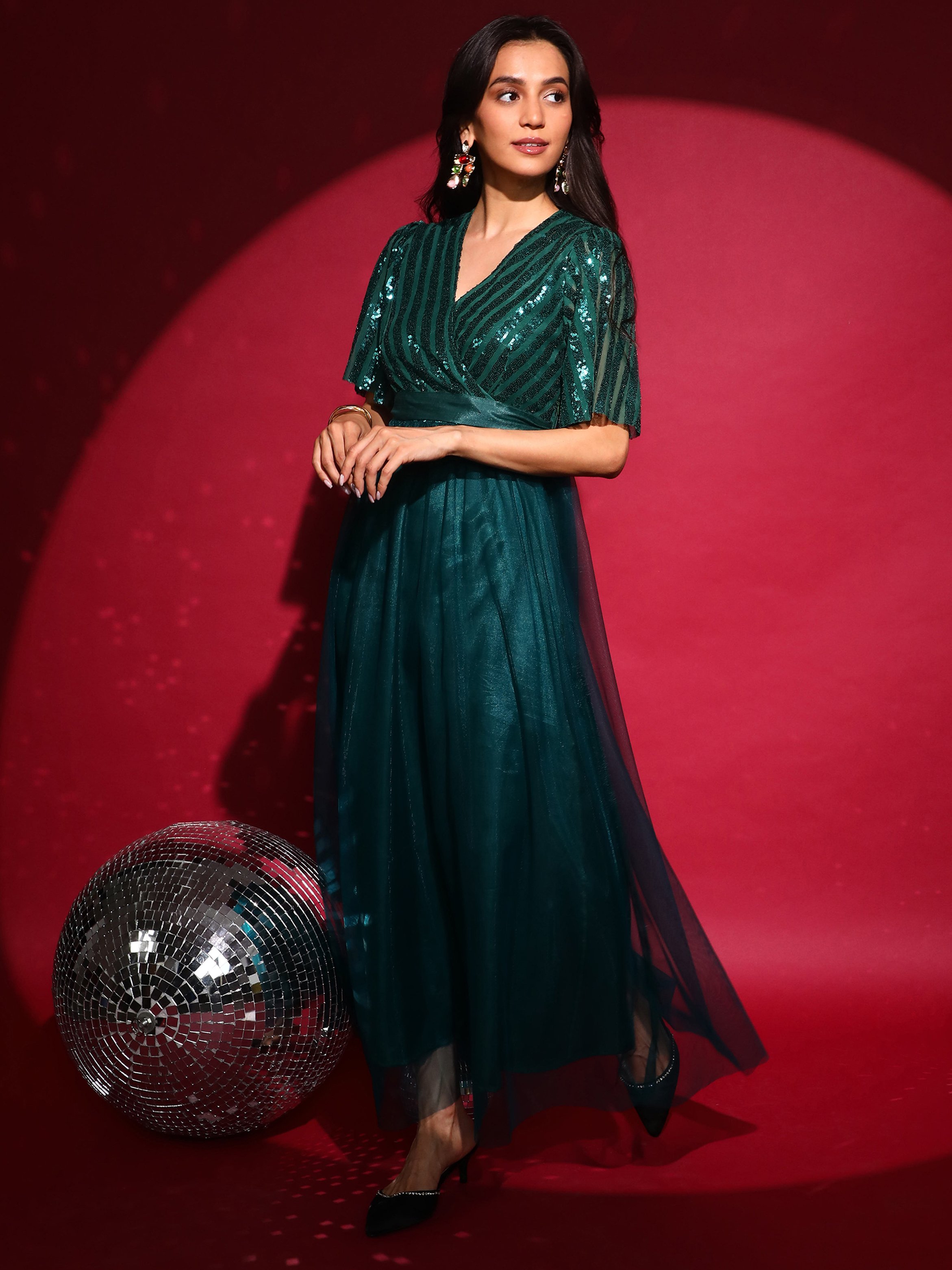 Emerald Green Sequin Block Maxi Dress