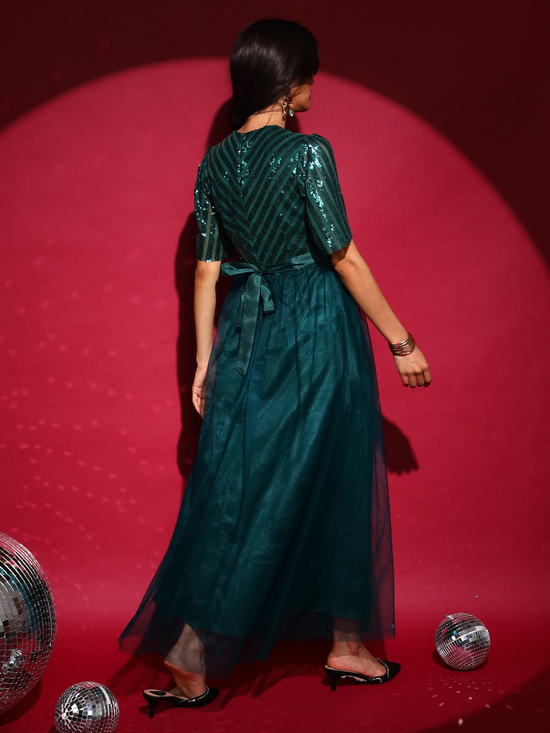 Emerald Green Sequin Block Maxi Dress