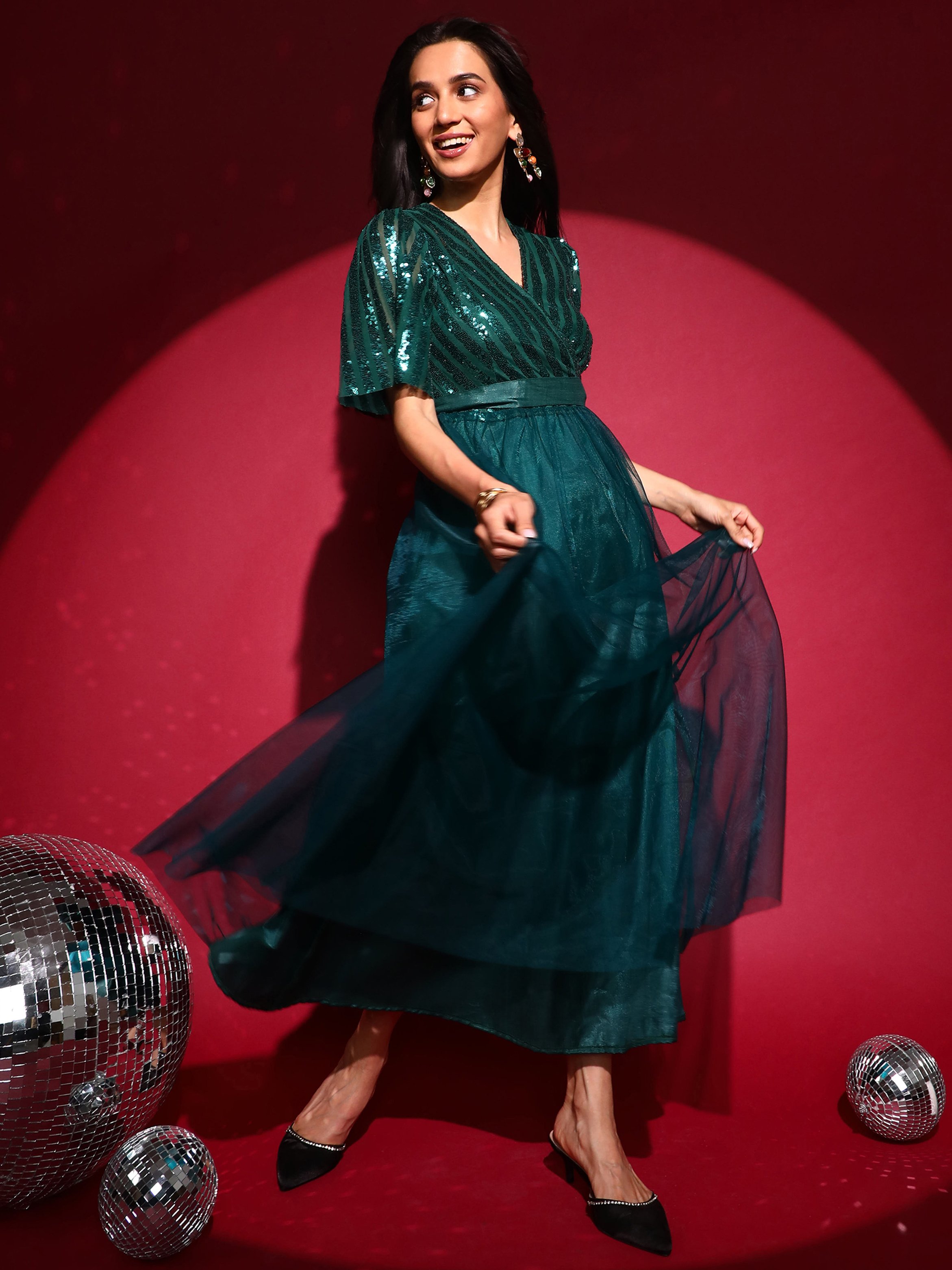 Emerald Green Sequin Block Maxi Dress