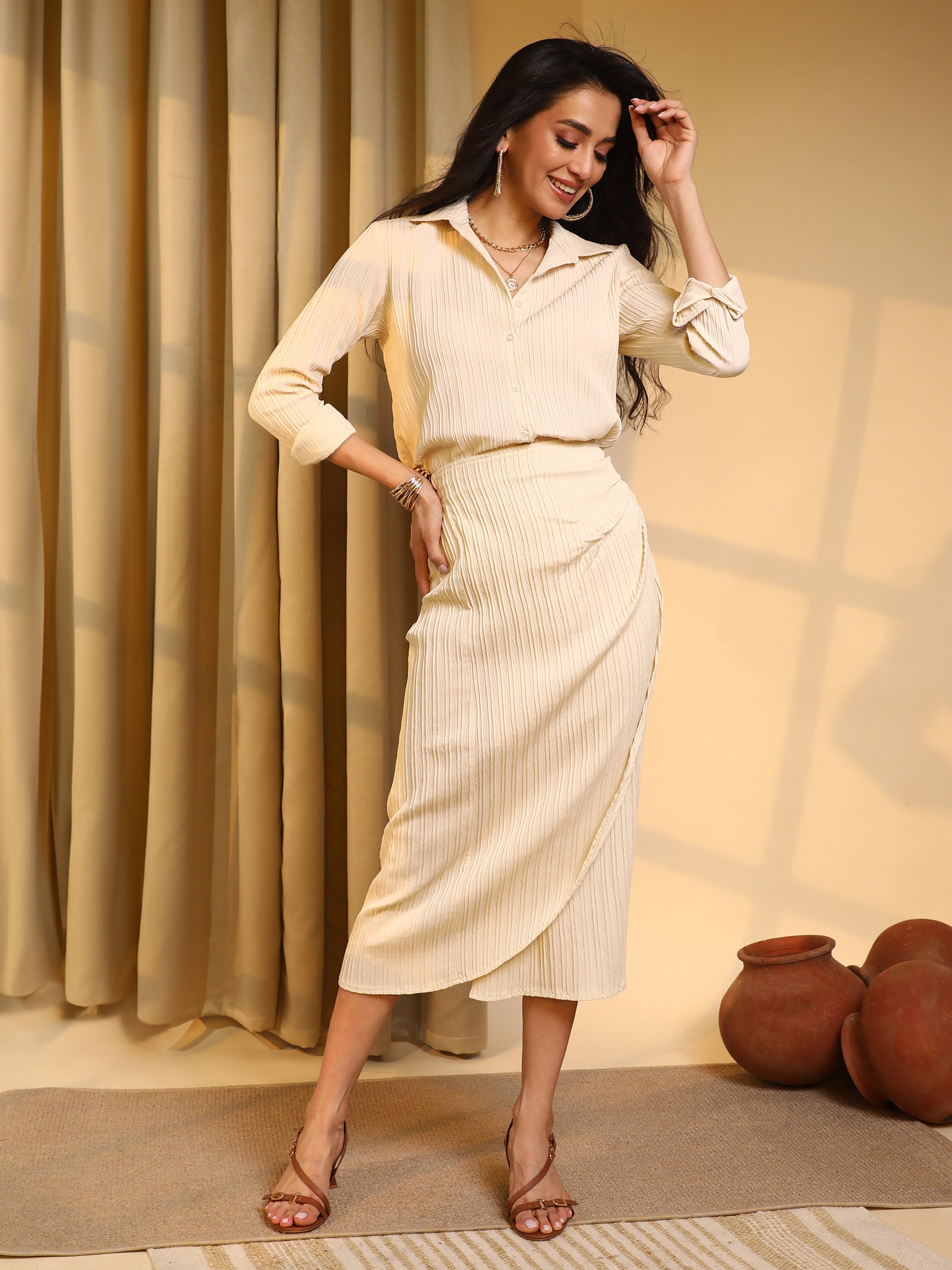 Pale Yellow Textured Shirt and Wrap Skirt Co-Ord Set