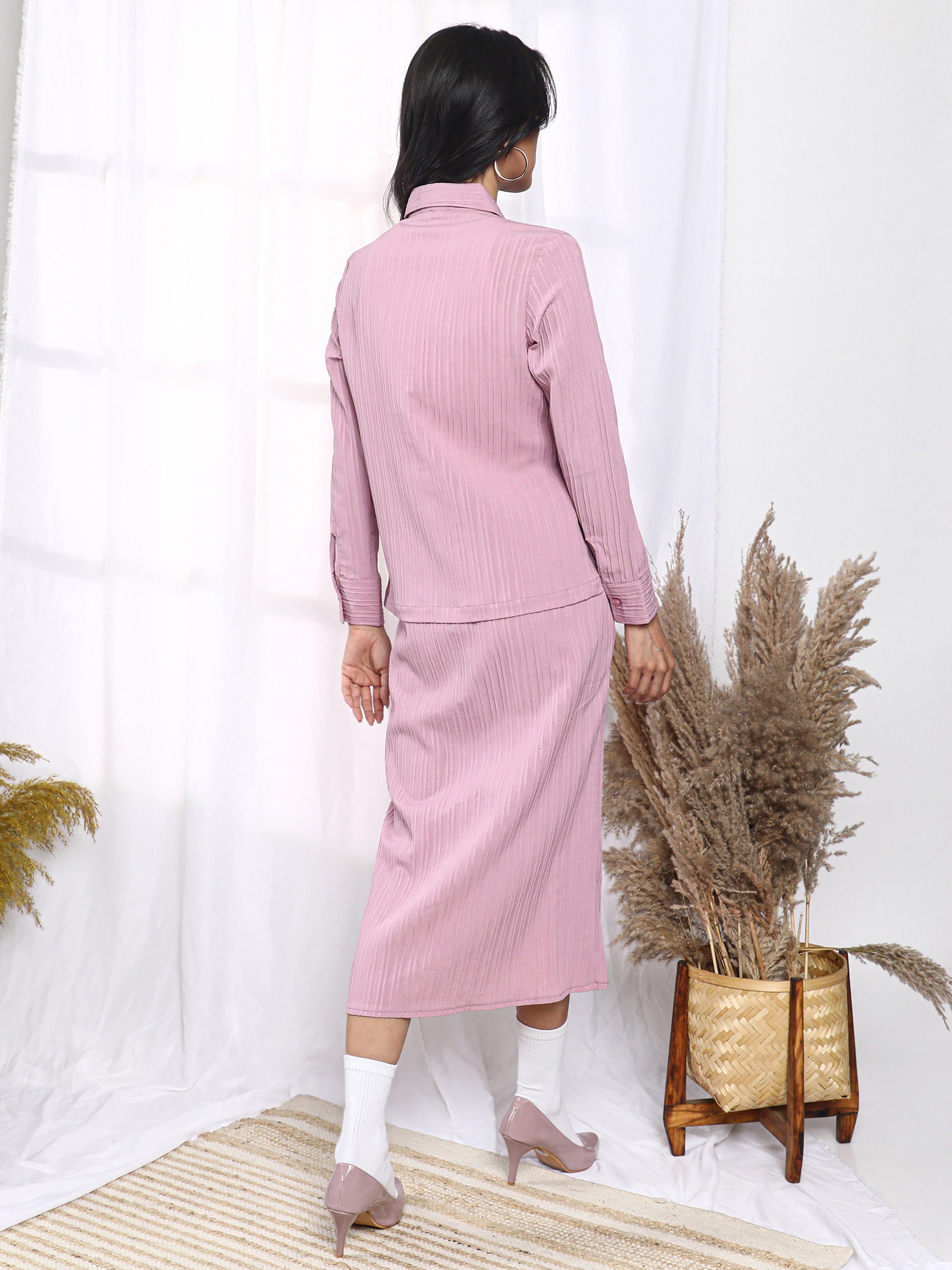 Salmon Pink Textured Shirt and Wrap Skirt Co-Ord Set