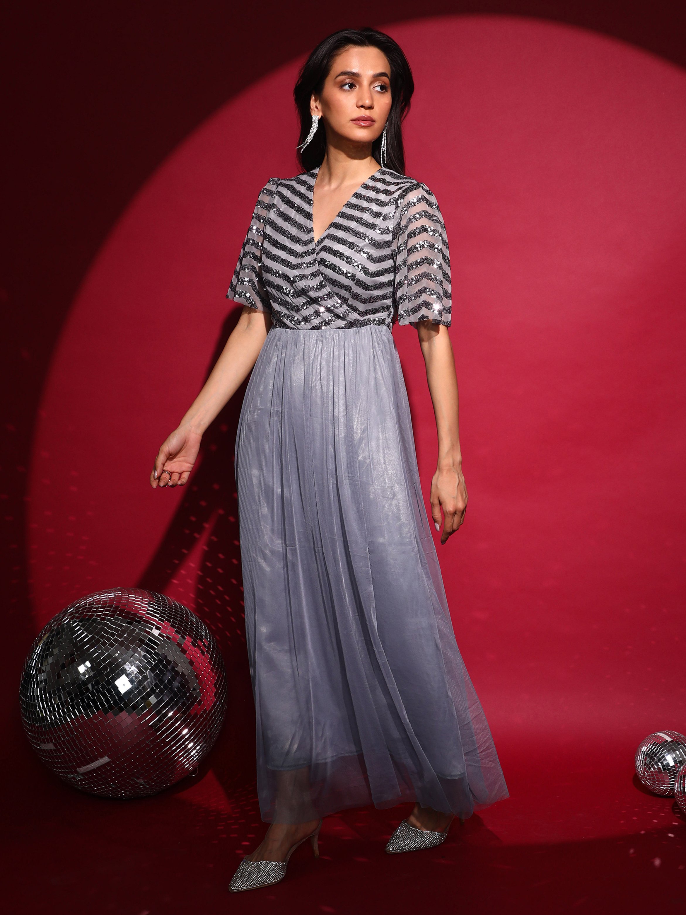 Silver Sequin Mesh Insert Maxi Dress