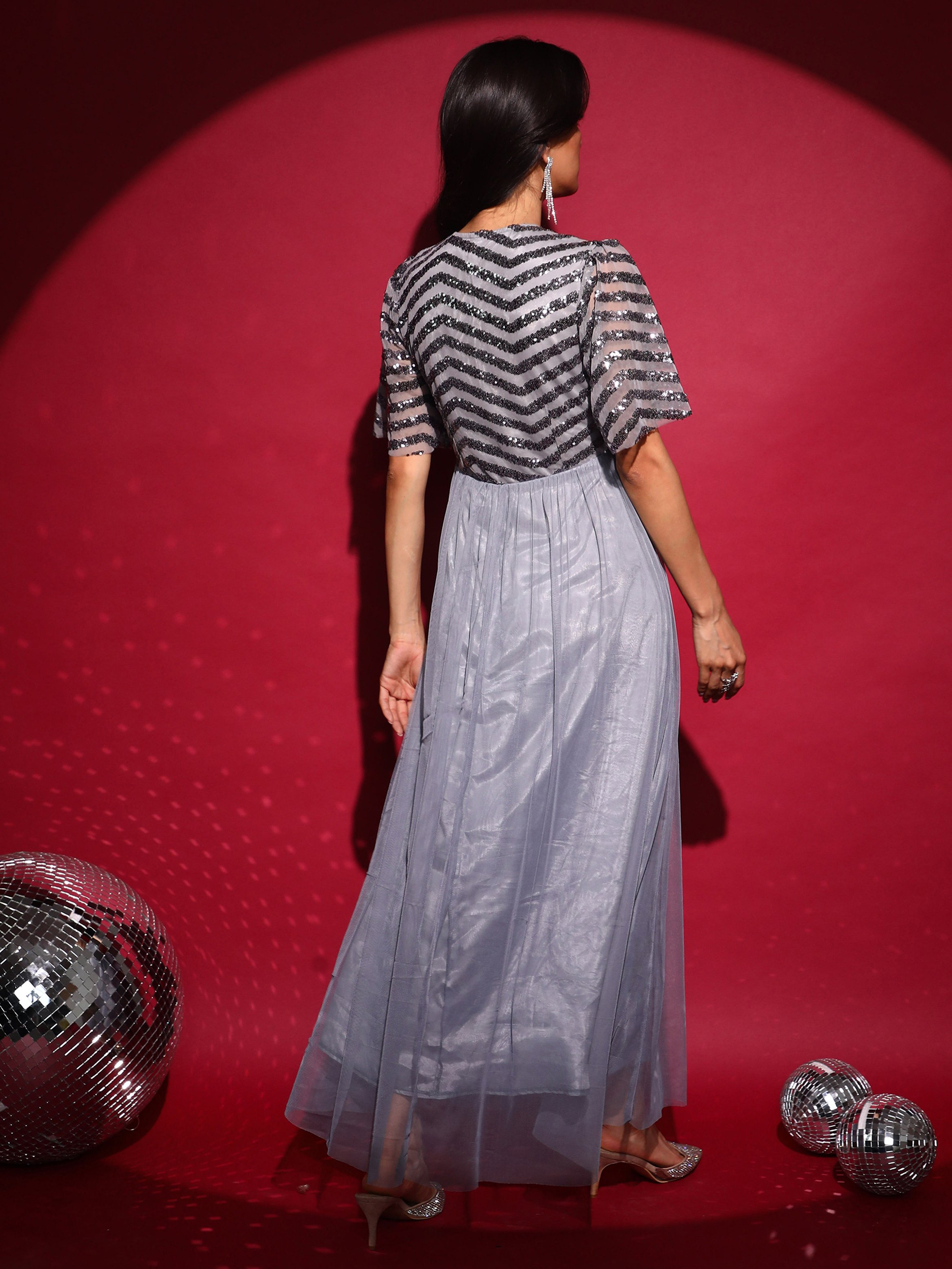 Silver Sequin Mesh Insert Maxi Dress