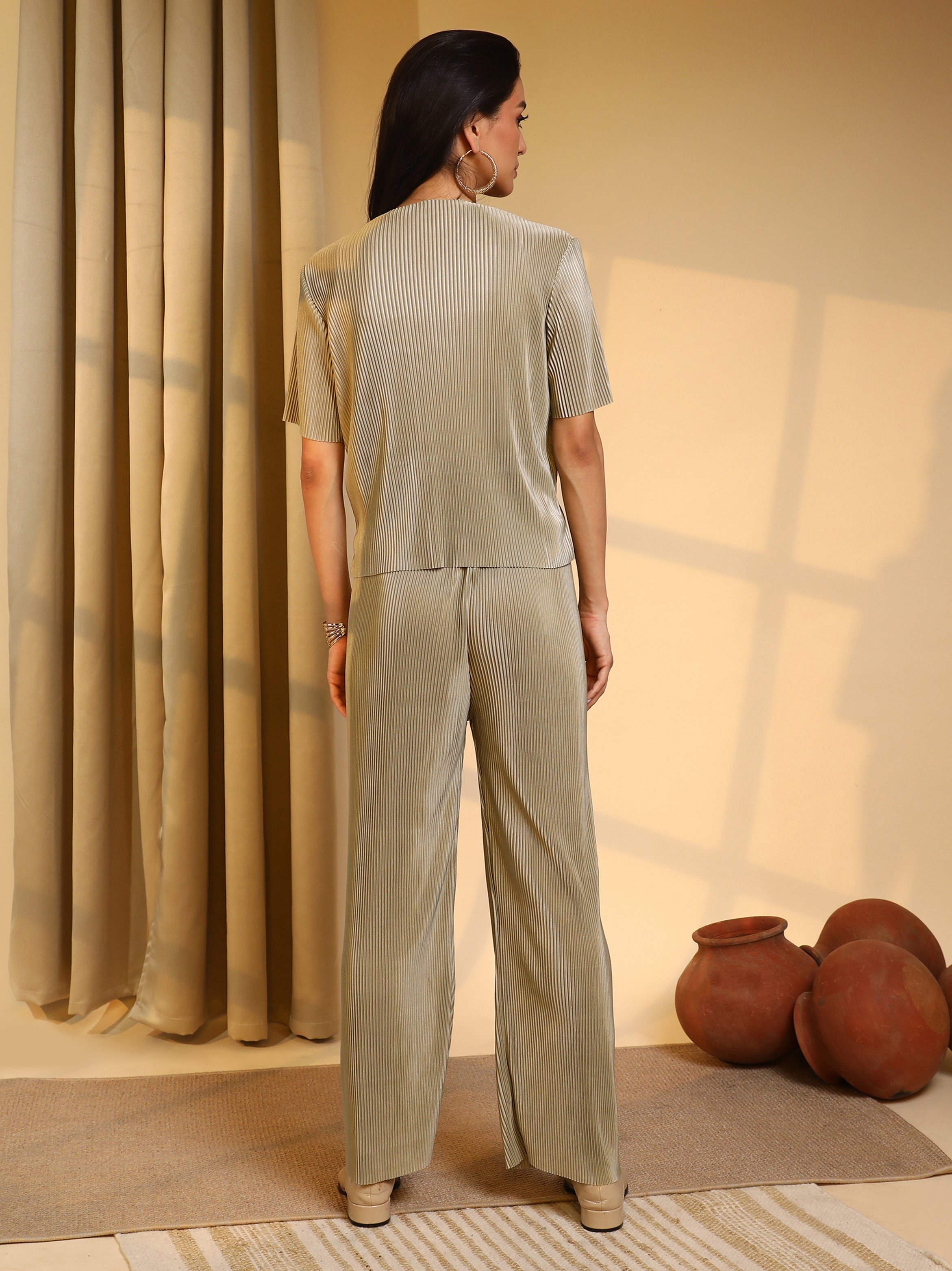 Sage Green Plisse Shirt and Pants Co-Ord Set