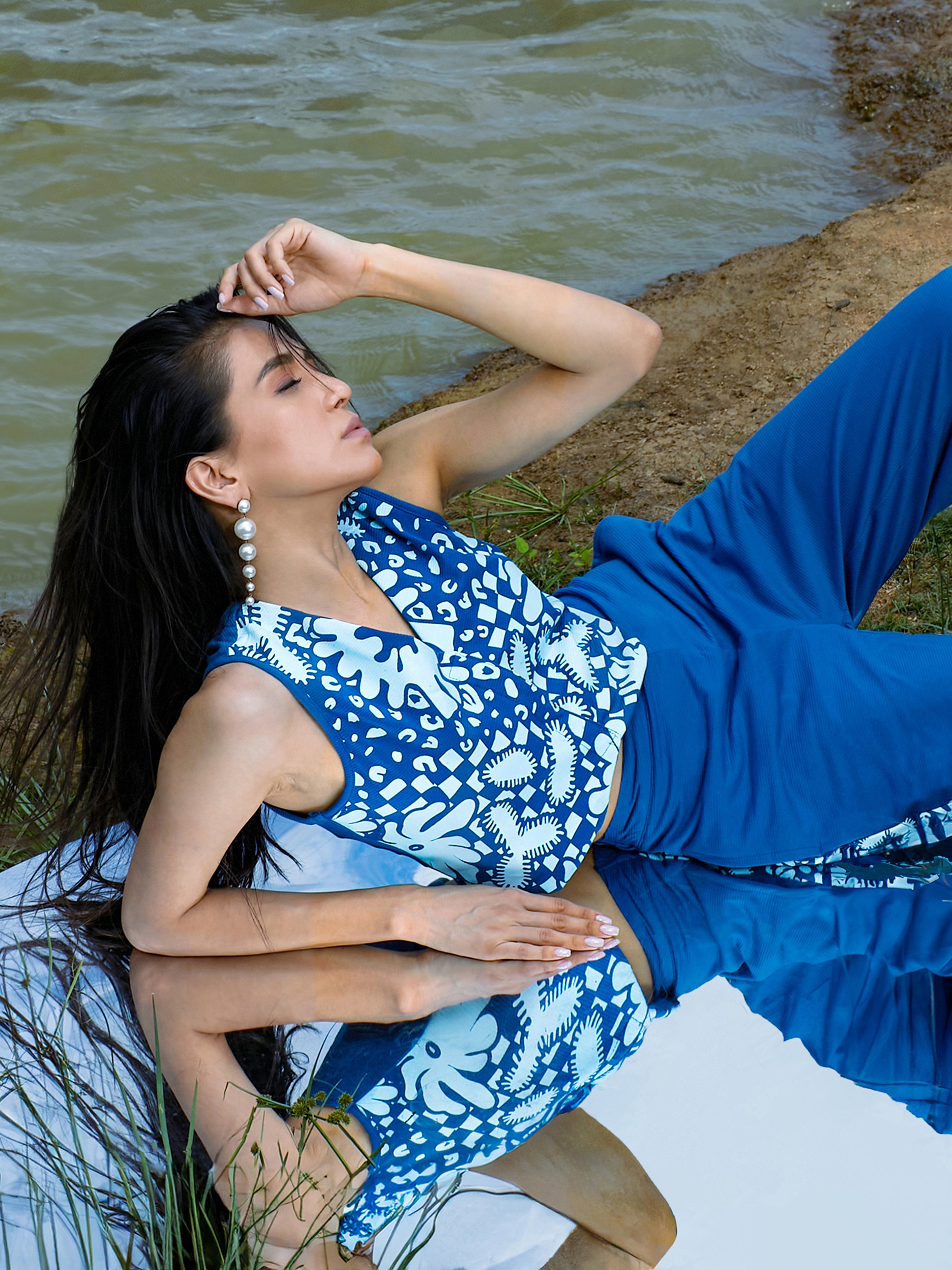 Cobalt Blue Floral Vest  and Pants Co-Ord Set