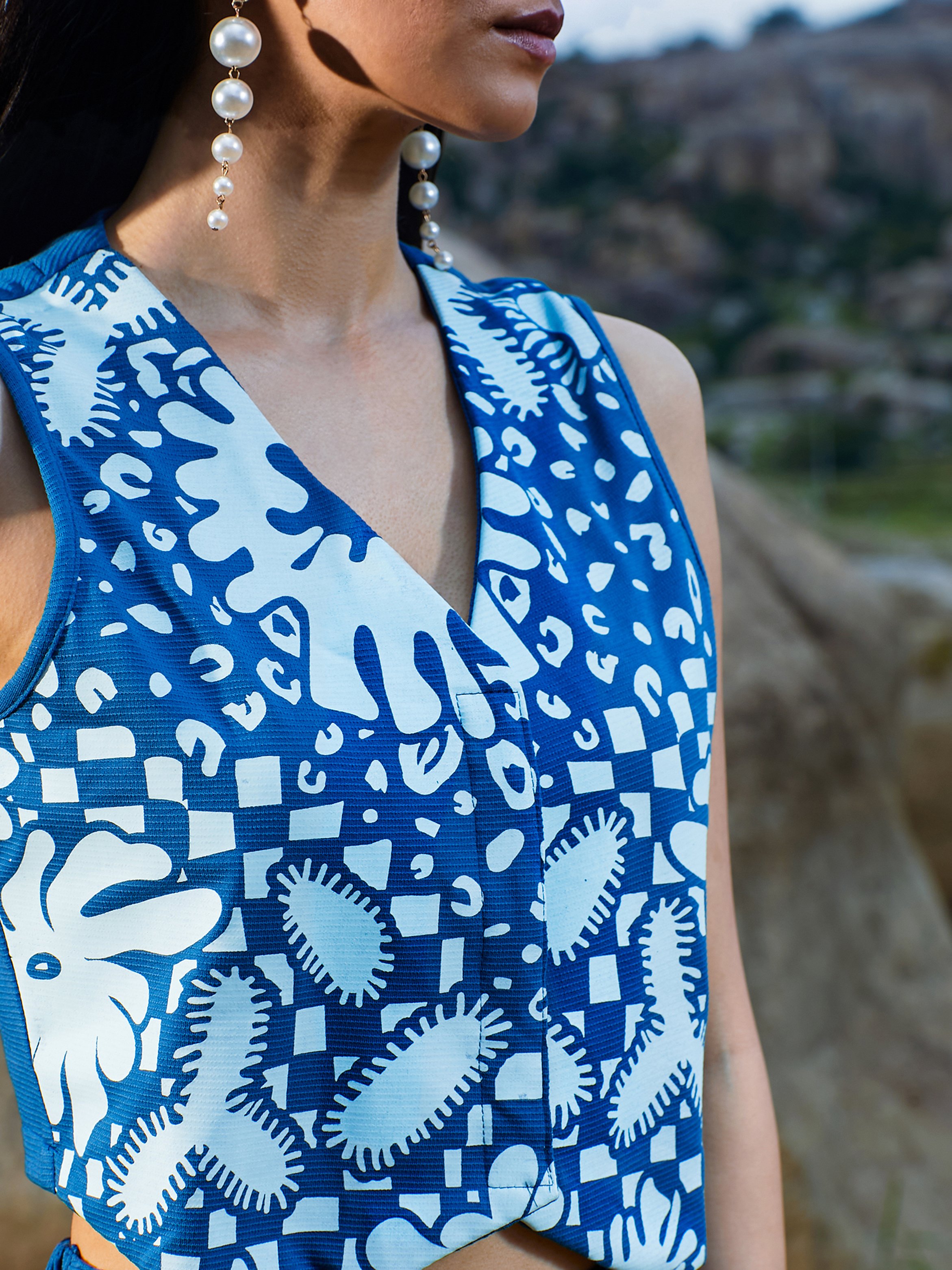 Cobalt Blue Floral Vest  and Pants Co-Ord Set