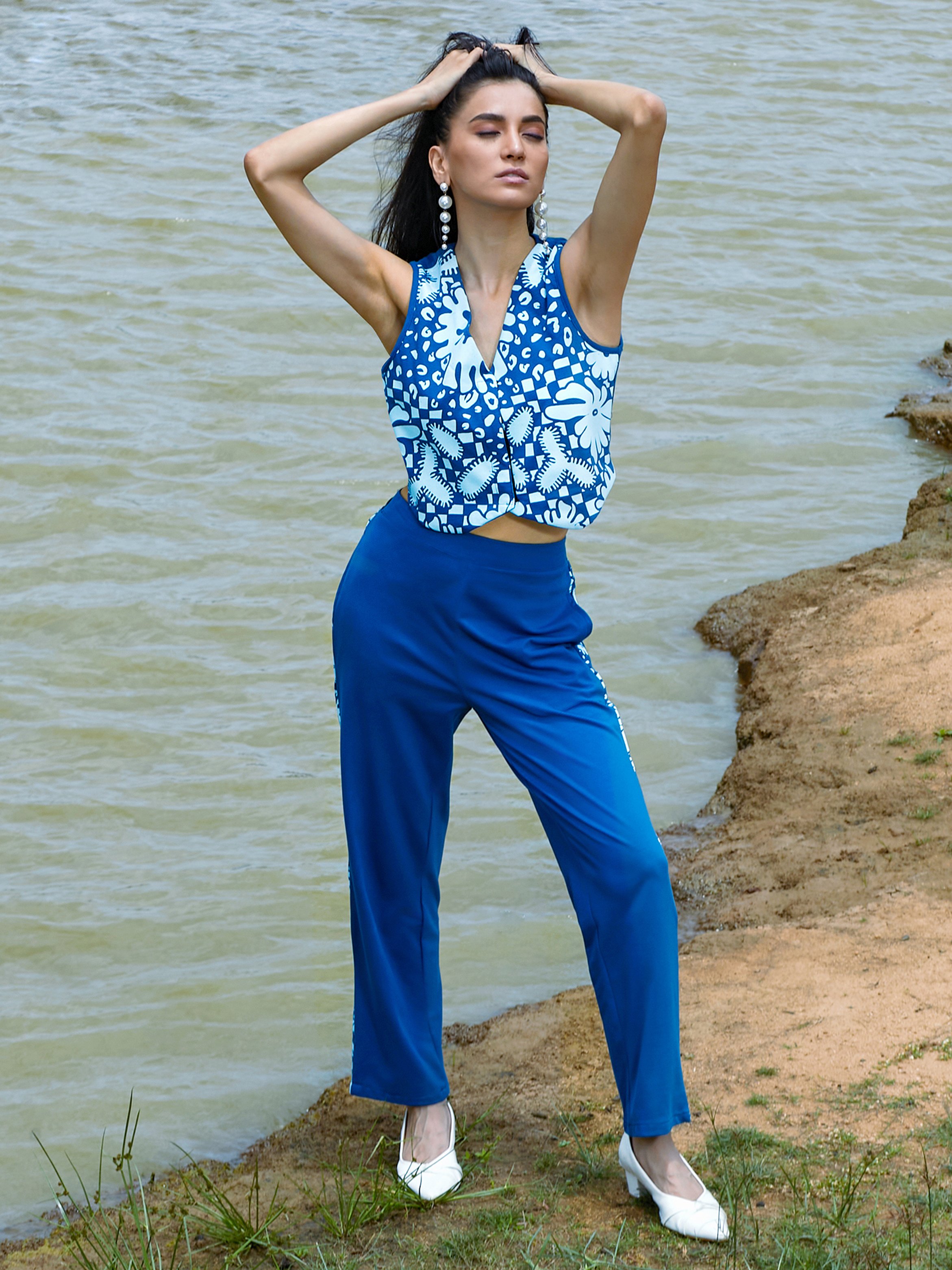 Cobalt Blue Floral Vest  and Pants Co-Ord Set