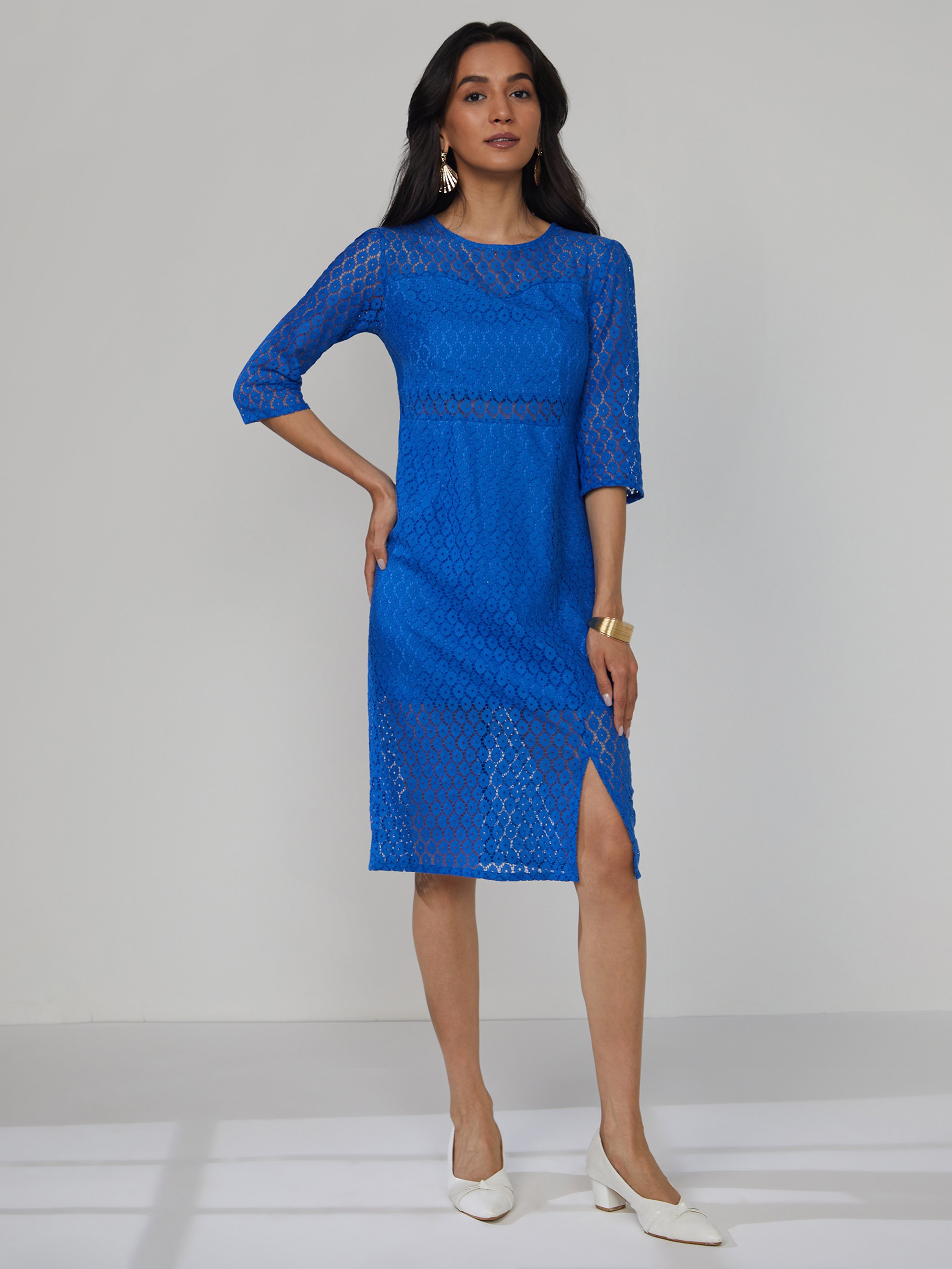 Blue Floral Lace Sheath Midi Dress