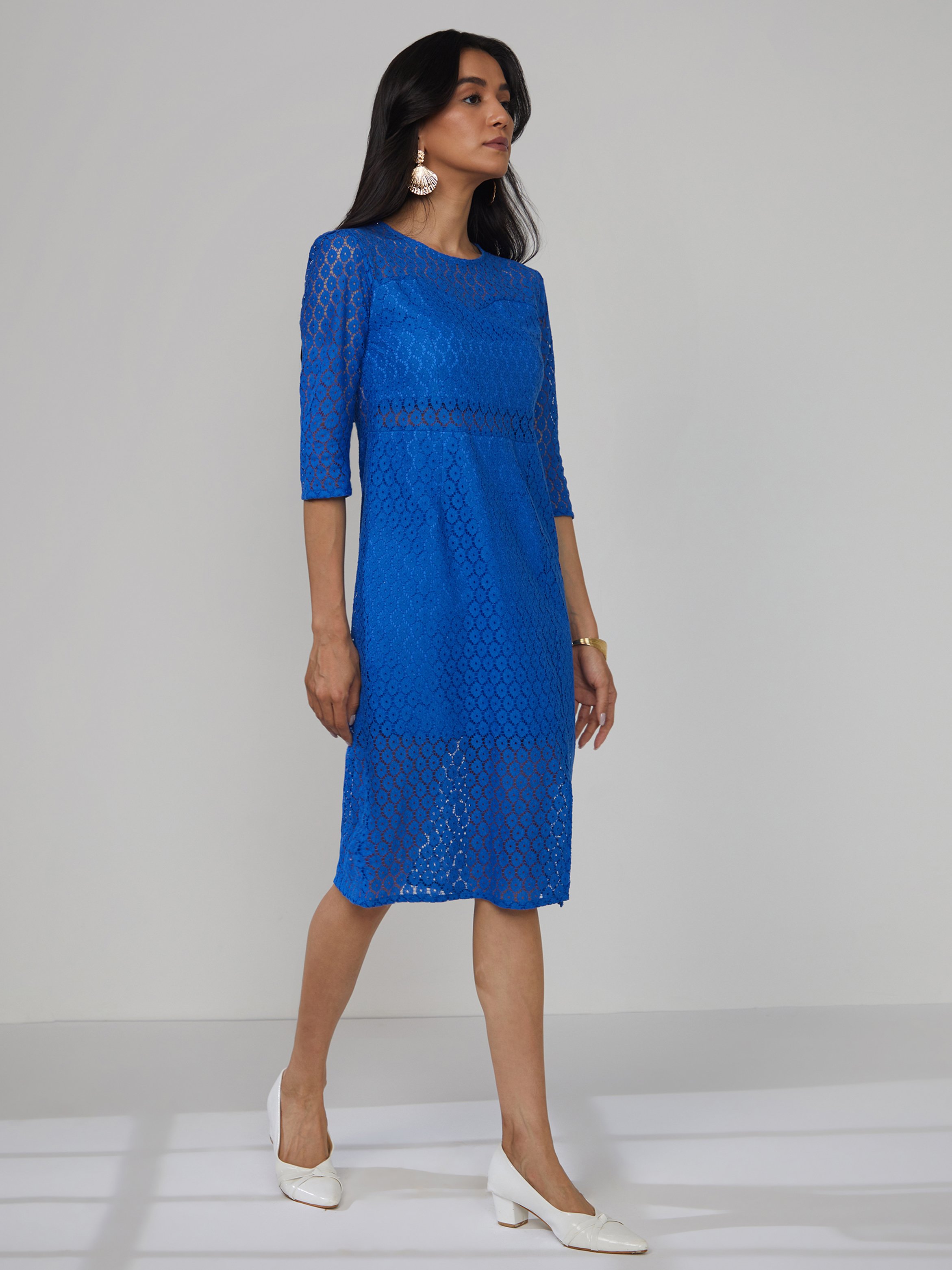 Blue Floral Lace Sheath Midi Dress
