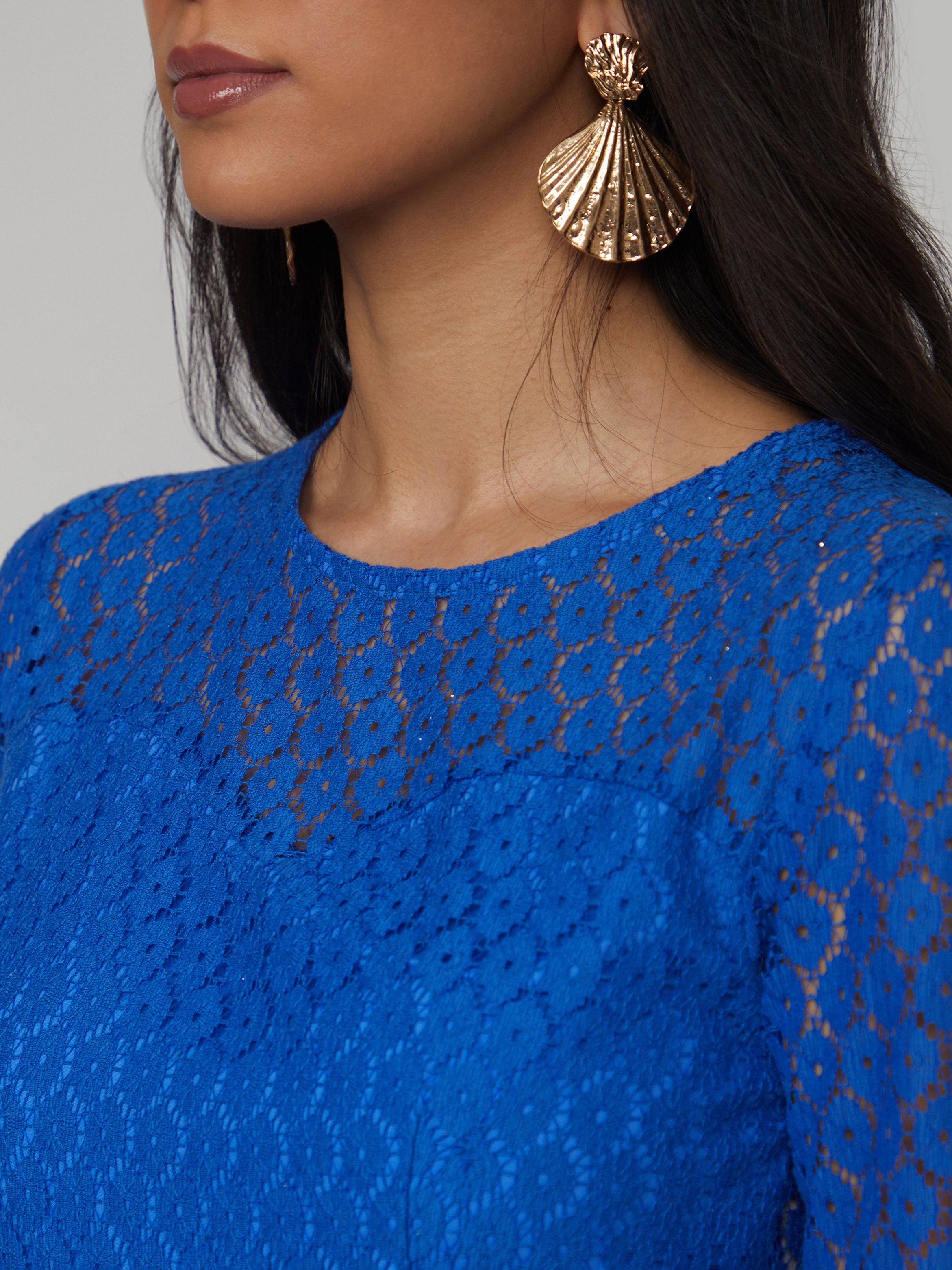 Blue Floral Lace Sheath Midi Dress