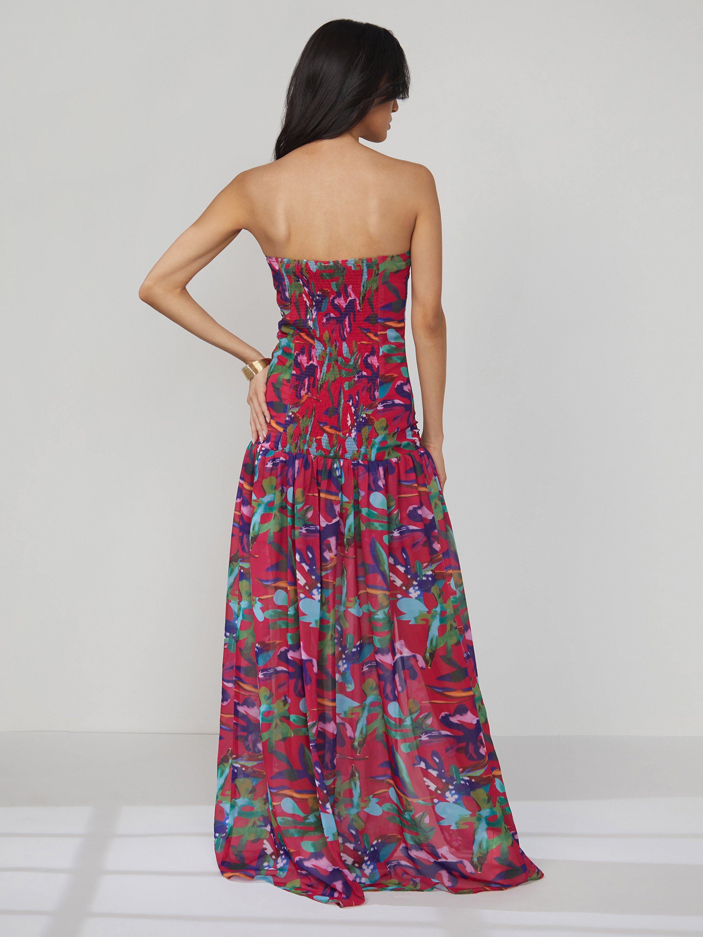 Carmine Red Blurry Print Bandeau Maxi Dress