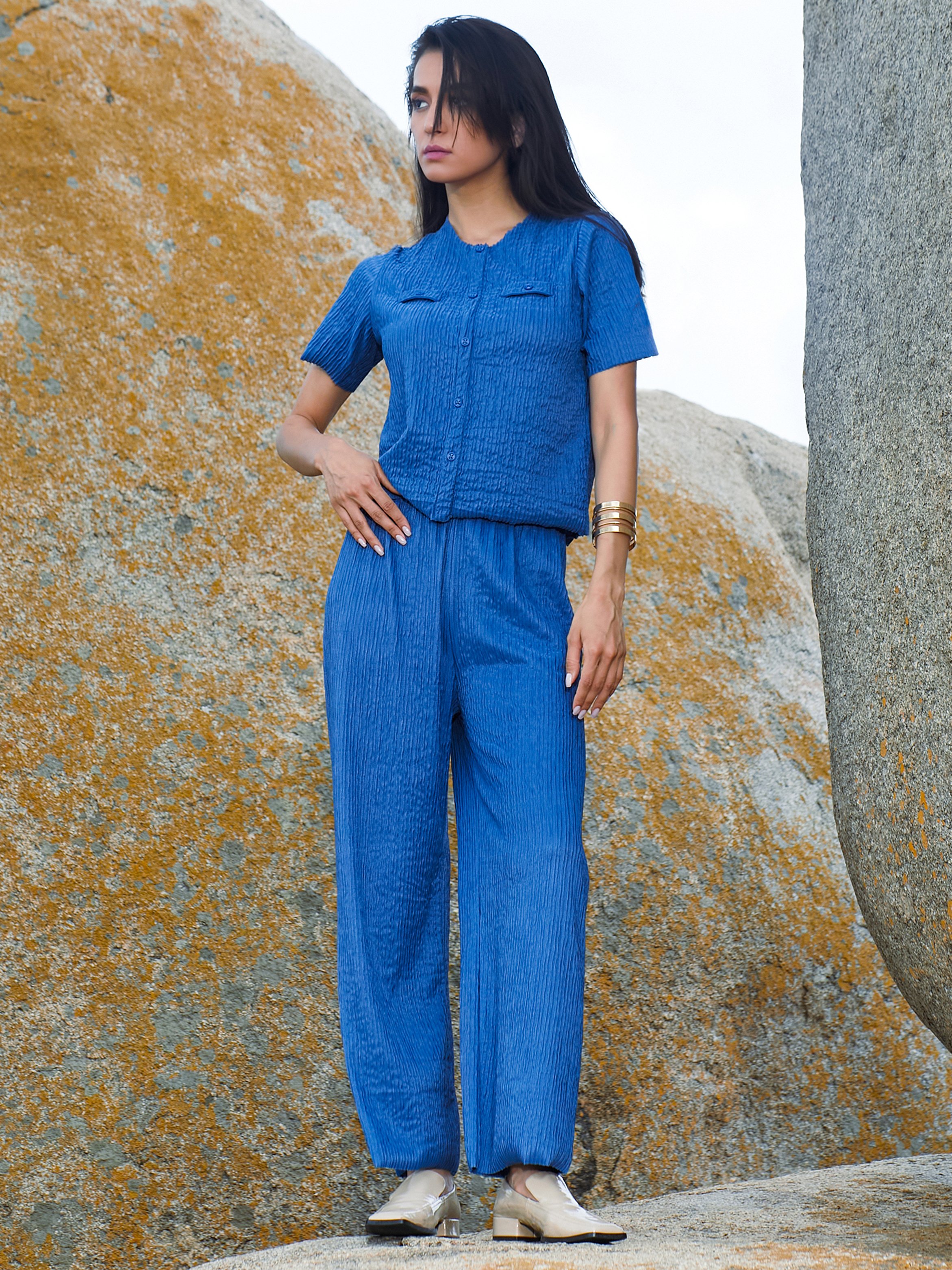 Royal Blue Creased Top and Pants Co-Ord Set