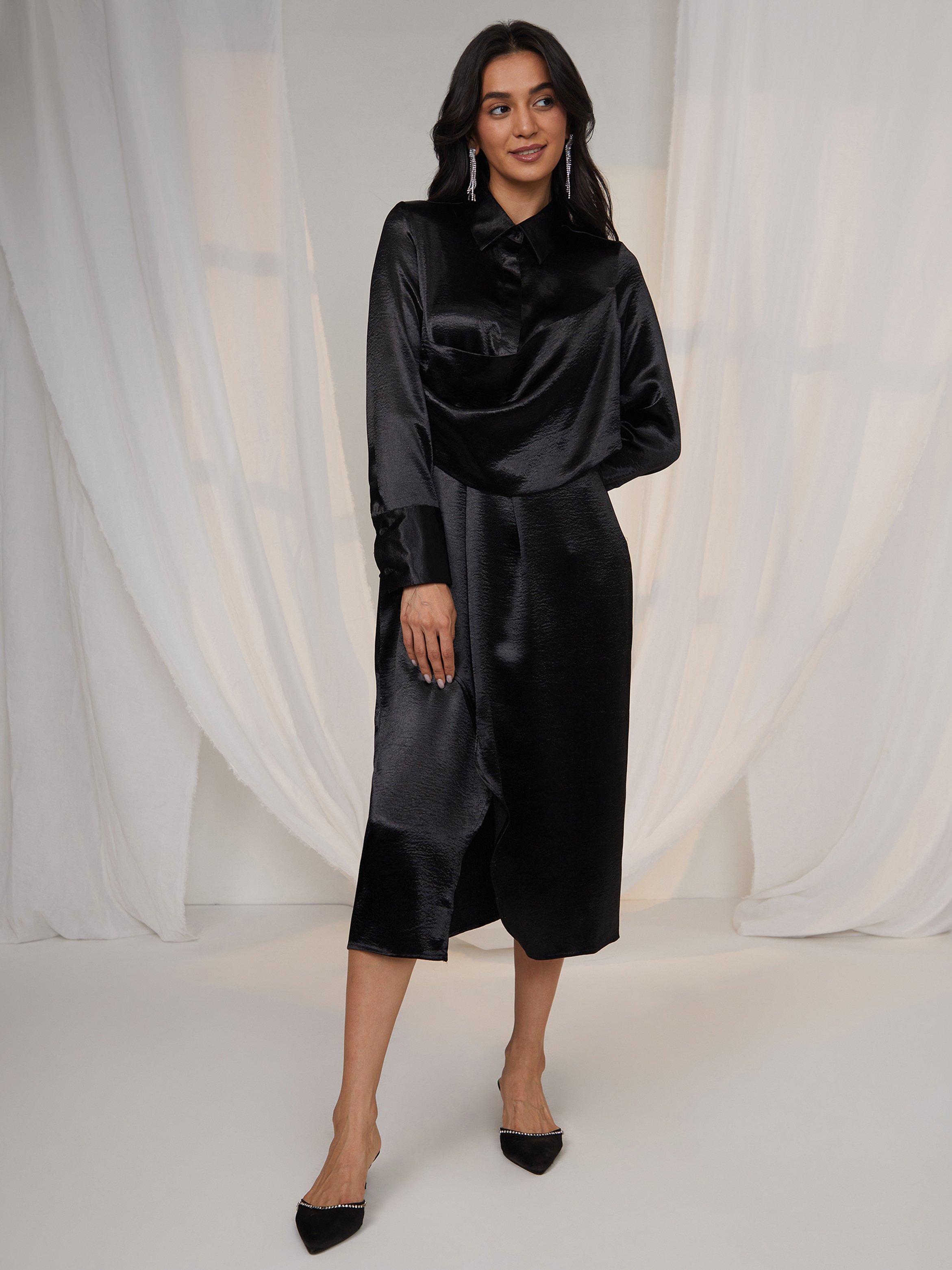 Midnight Black Draped Shirt Midi Dress