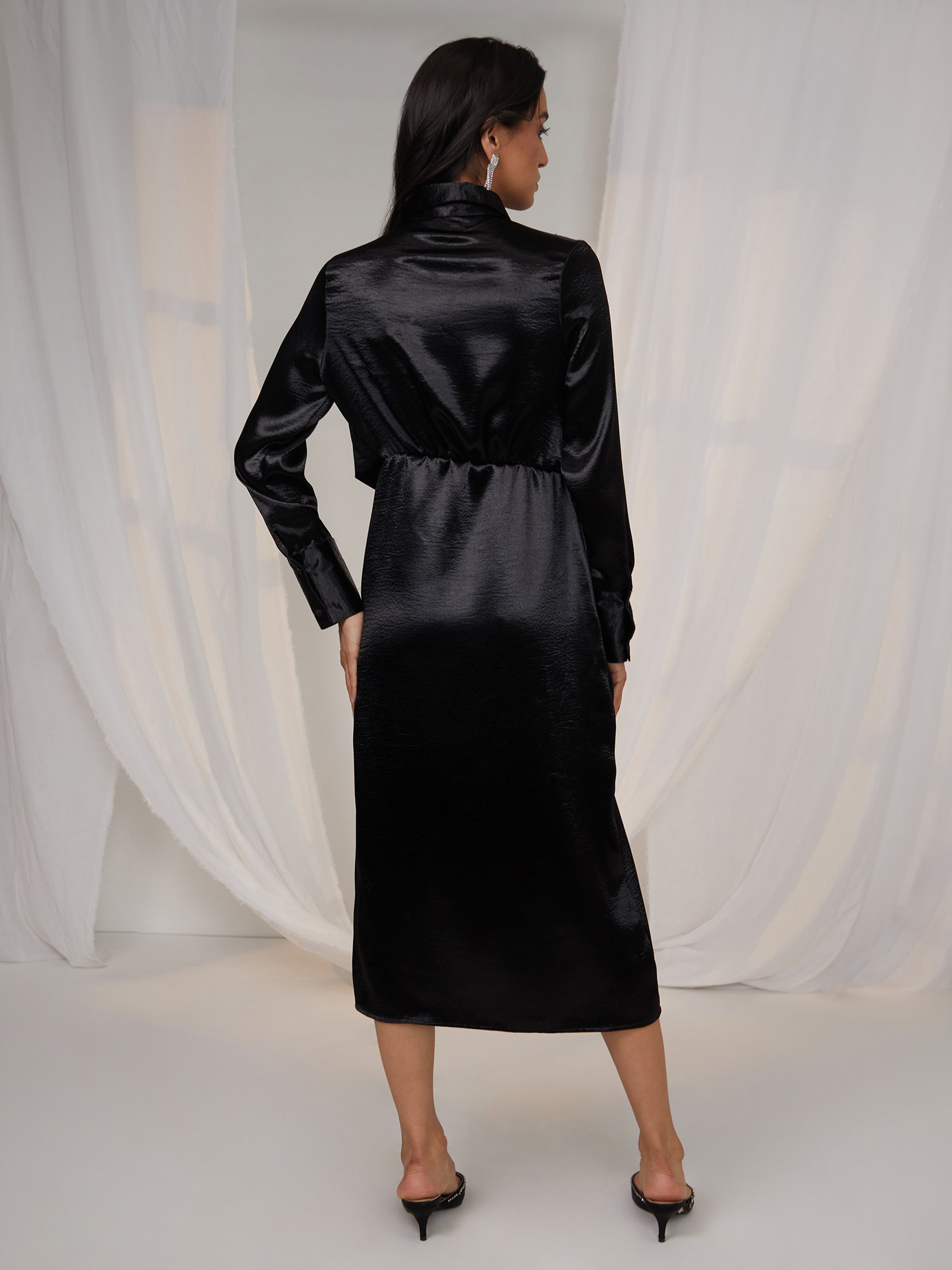 Midnight Black Draped Shirt Midi Dress