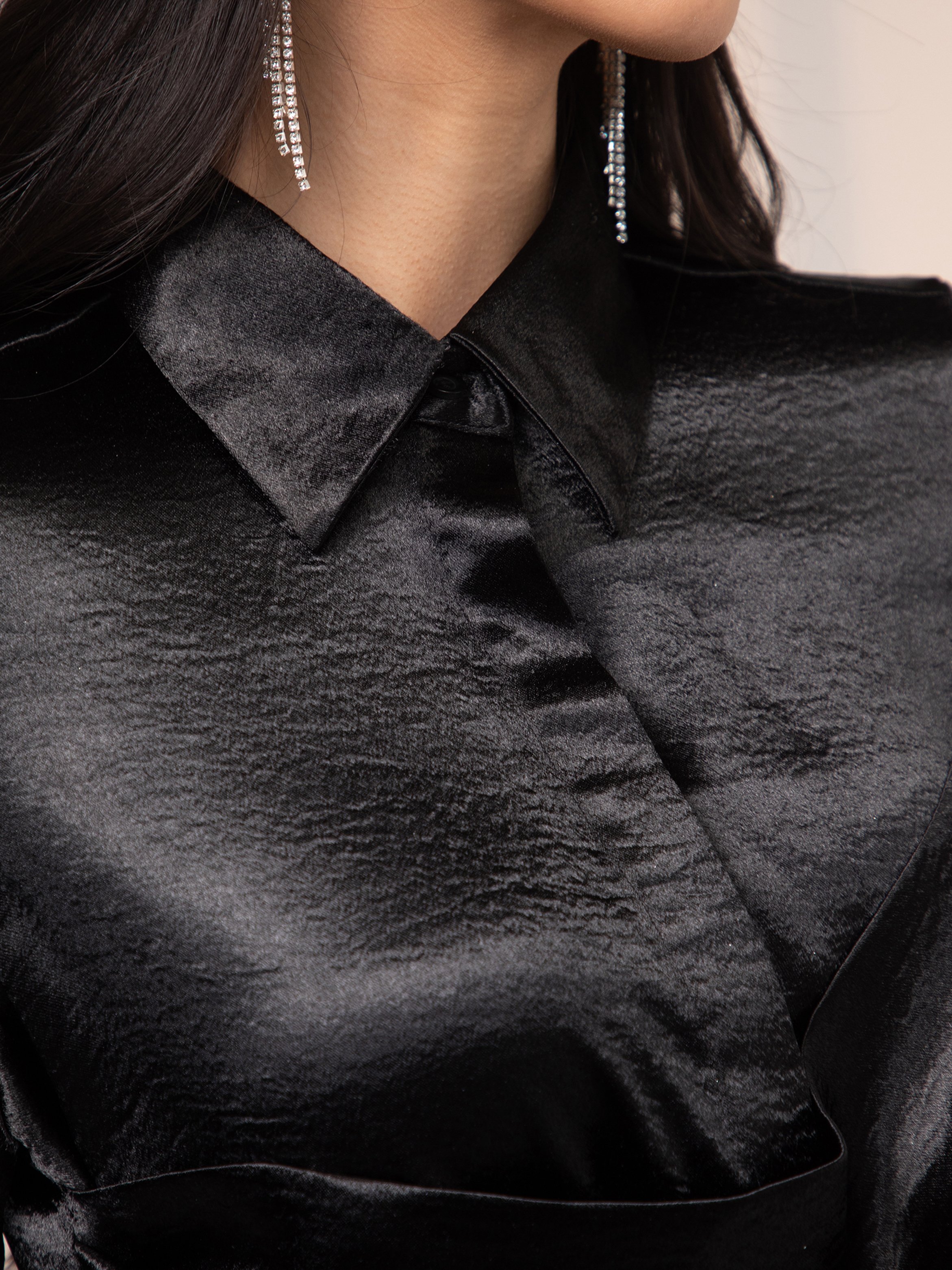 Midnight Black Draped Shirt Midi Dress