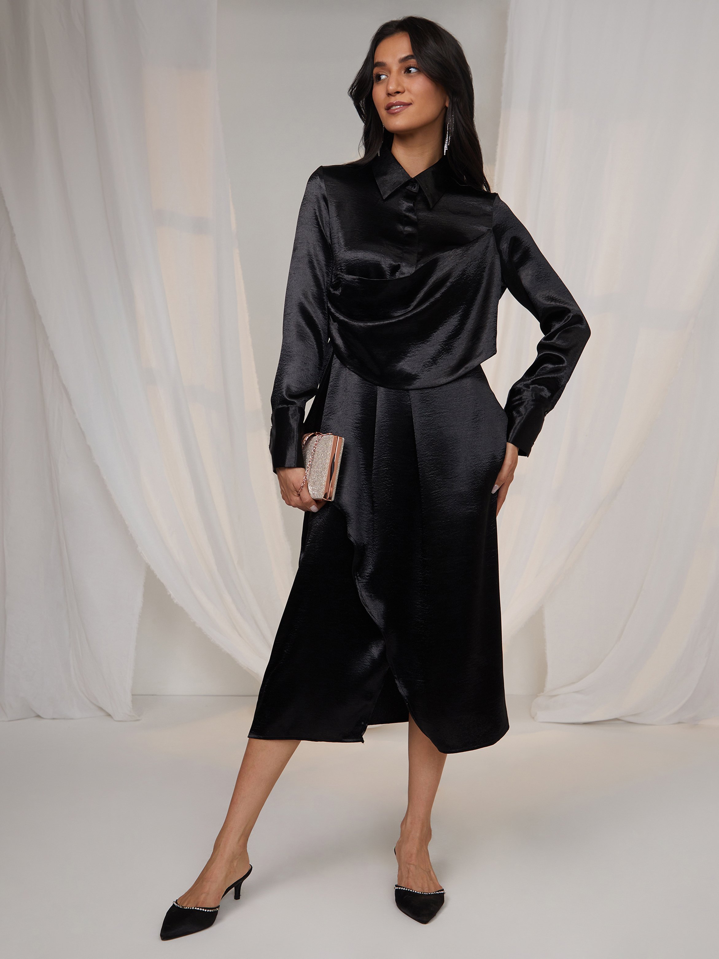 Midnight Black Draped Shirt Midi Dress
