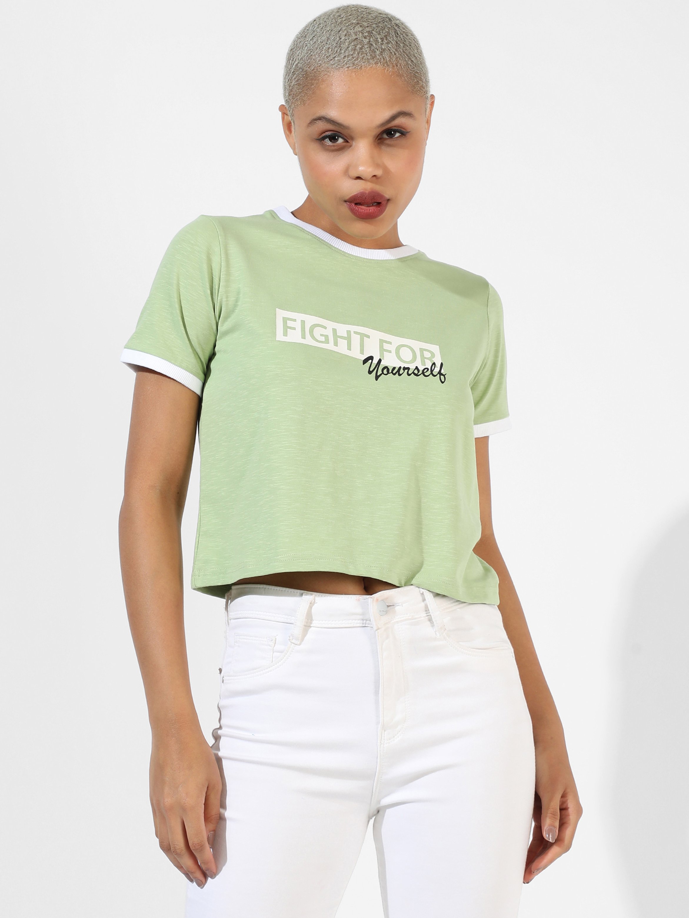 Sage Green Slogan Print Crop T-Shirt