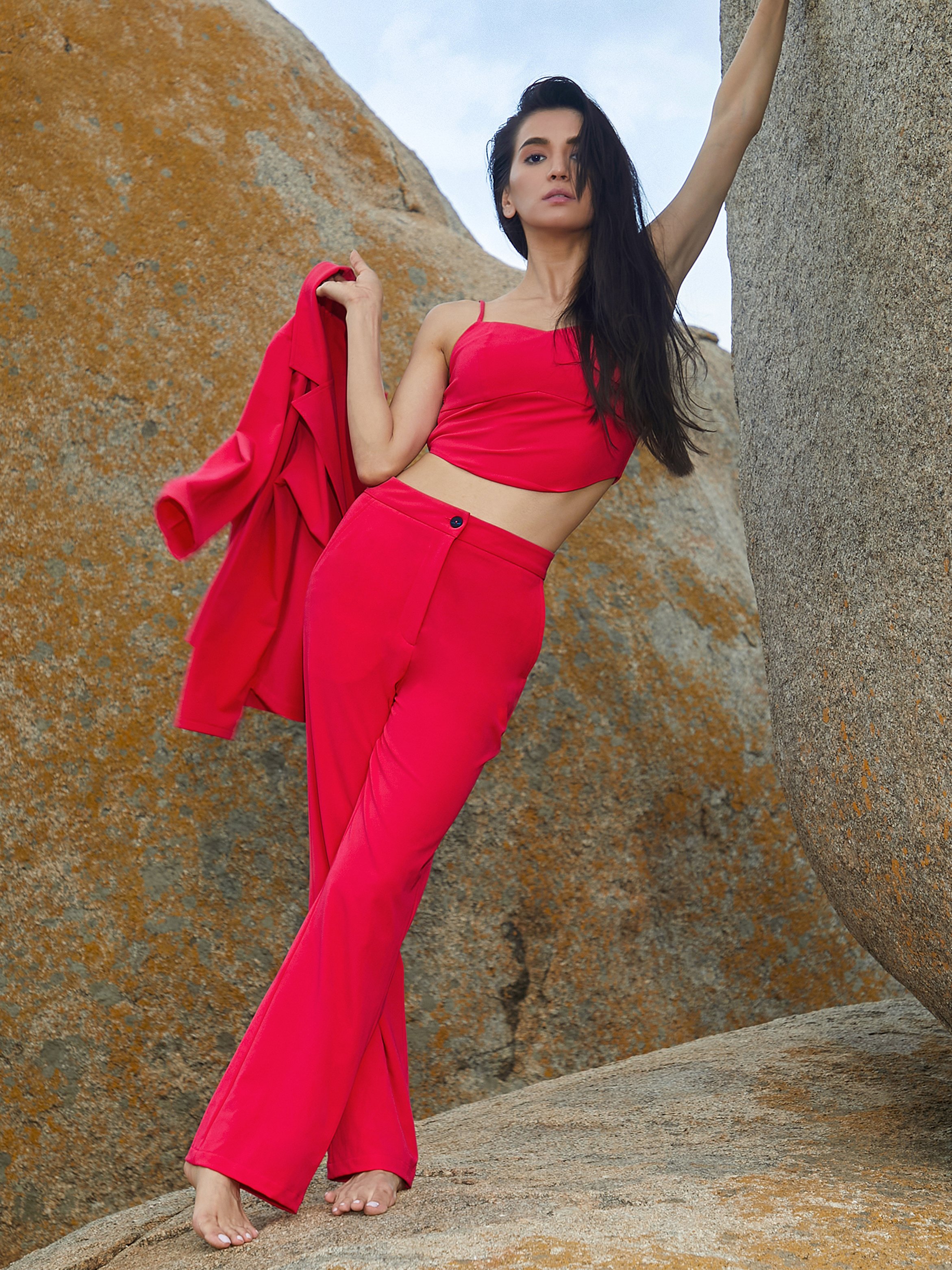 Scarlet Red 3-Piece Crop Top, Blazer and Pants Co-Ord Set