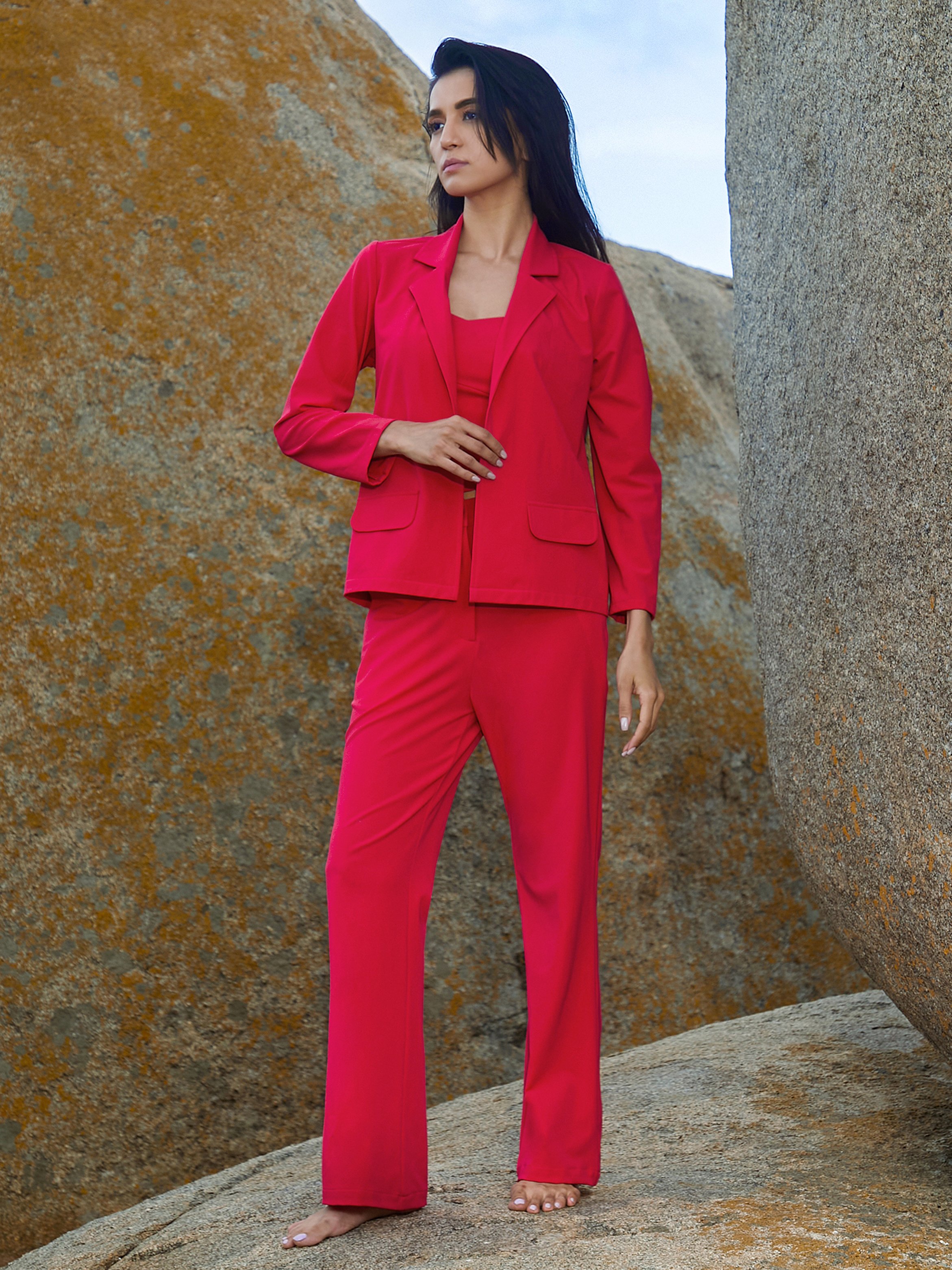 Scarlet Red 3-Piece Crop Top, Blazer and Pants Co-Ord Set