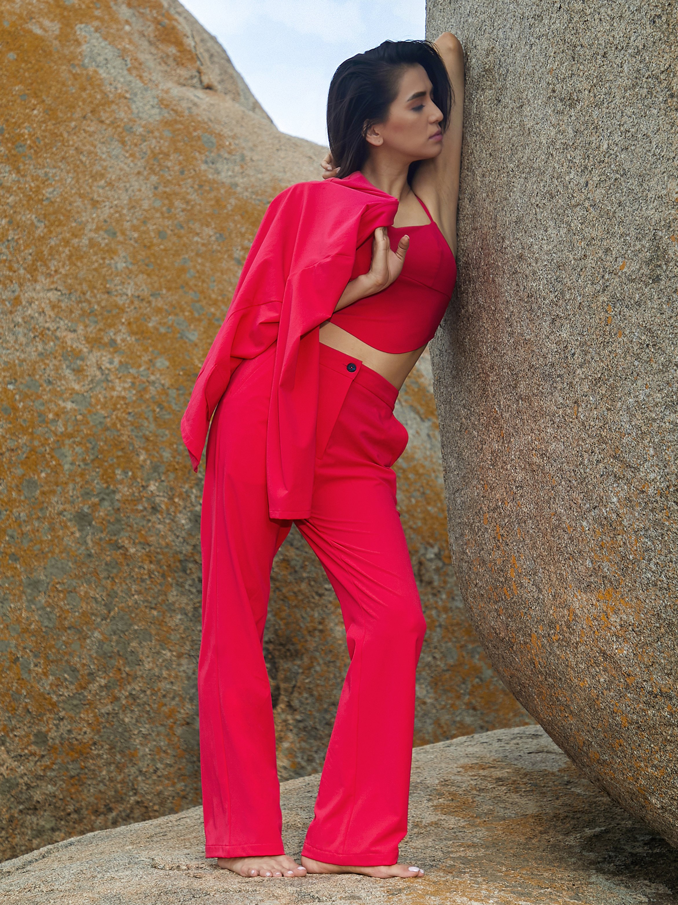 Scarlet Red 3-Piece Crop Top, Blazer and Pants Co-Ord Set