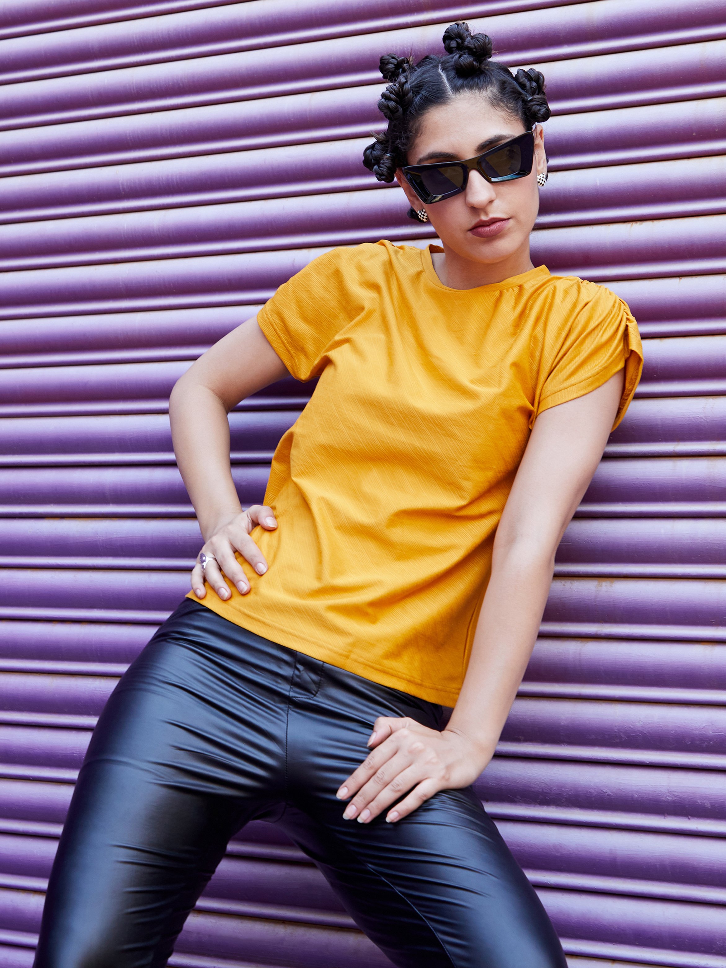 Mustard Ruched Sleeved Solid Top