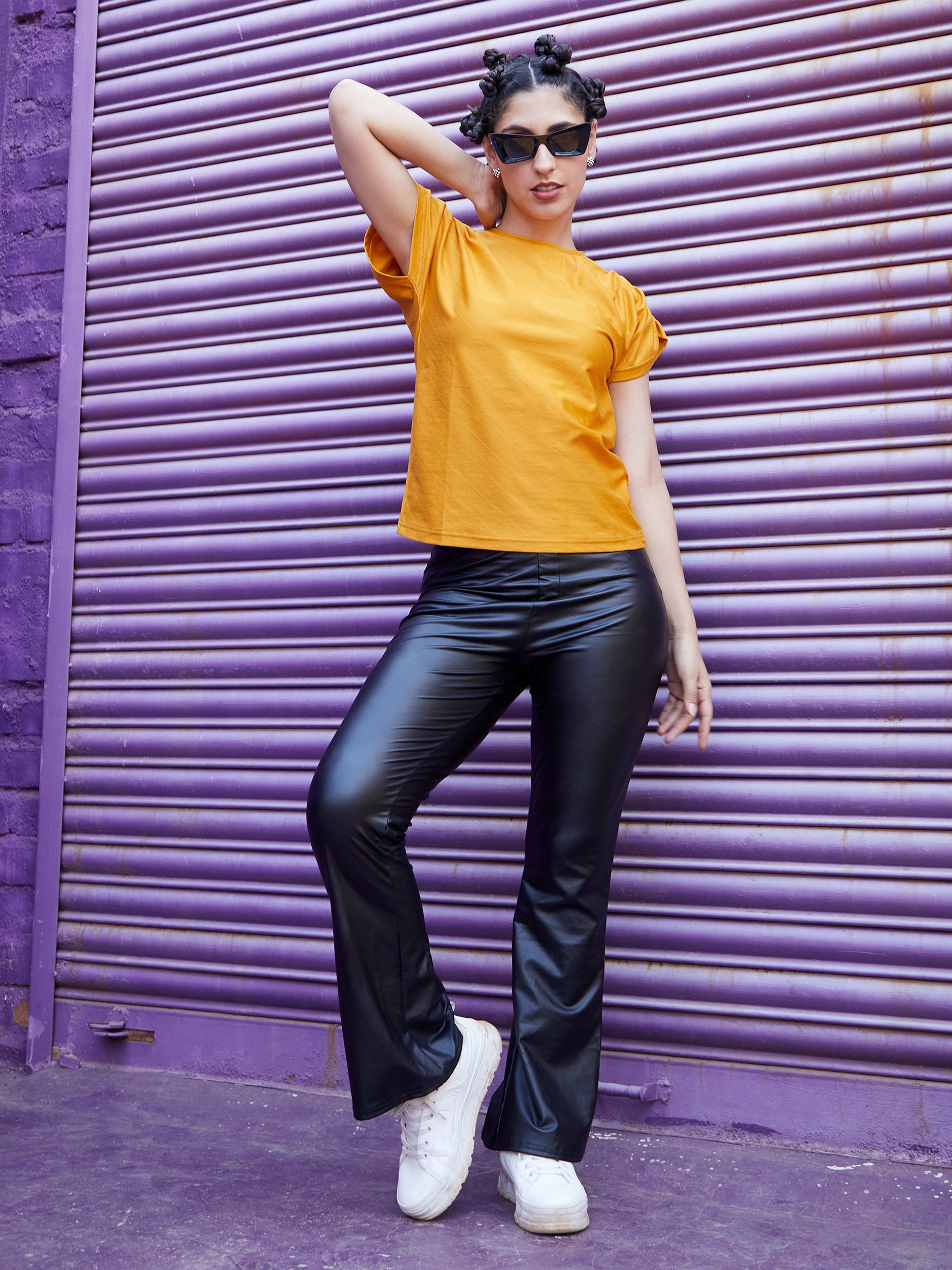 Mustard Ruched Sleeved Solid Top