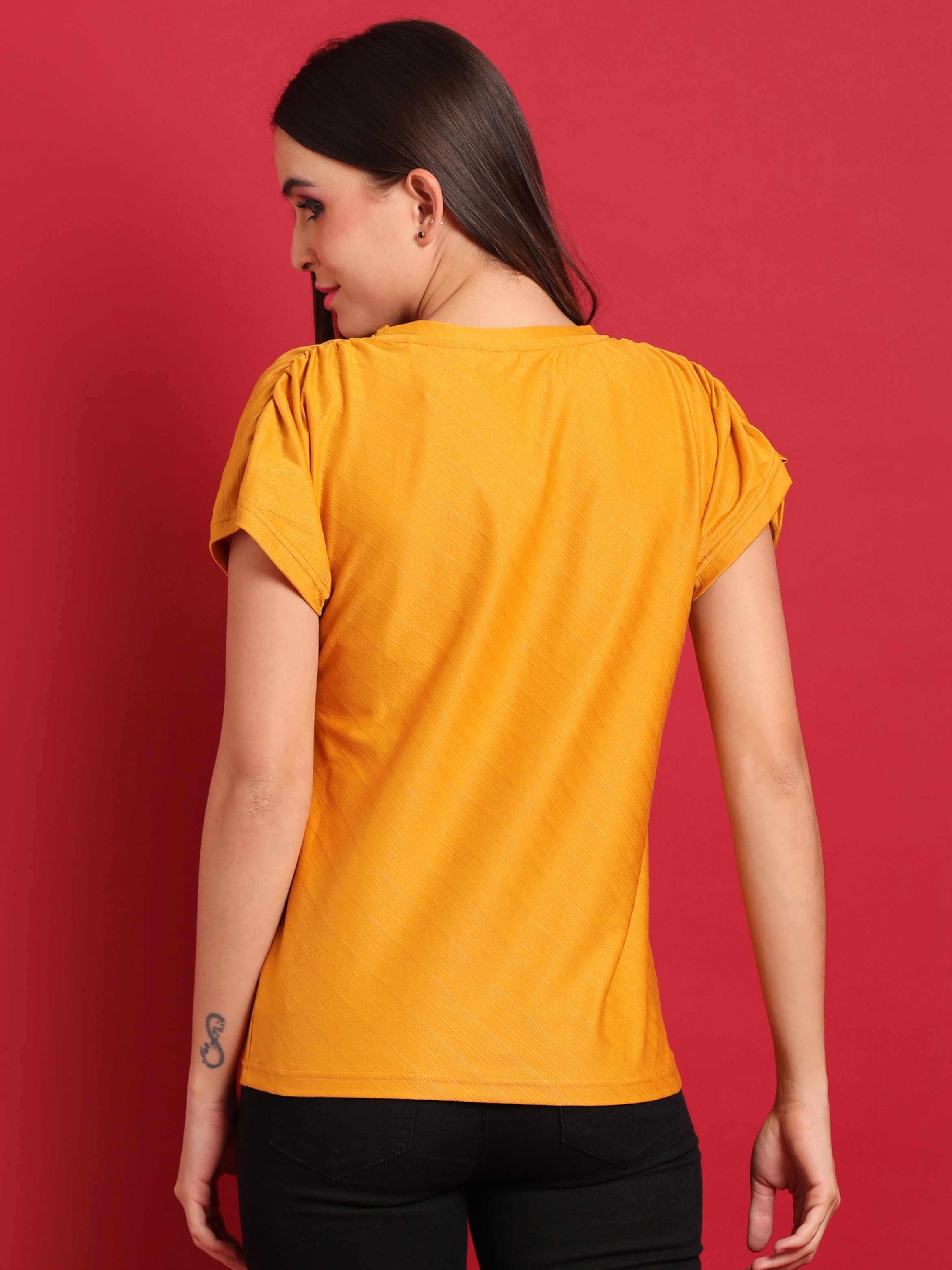 Mustard Ruched Sleeved Solid Top