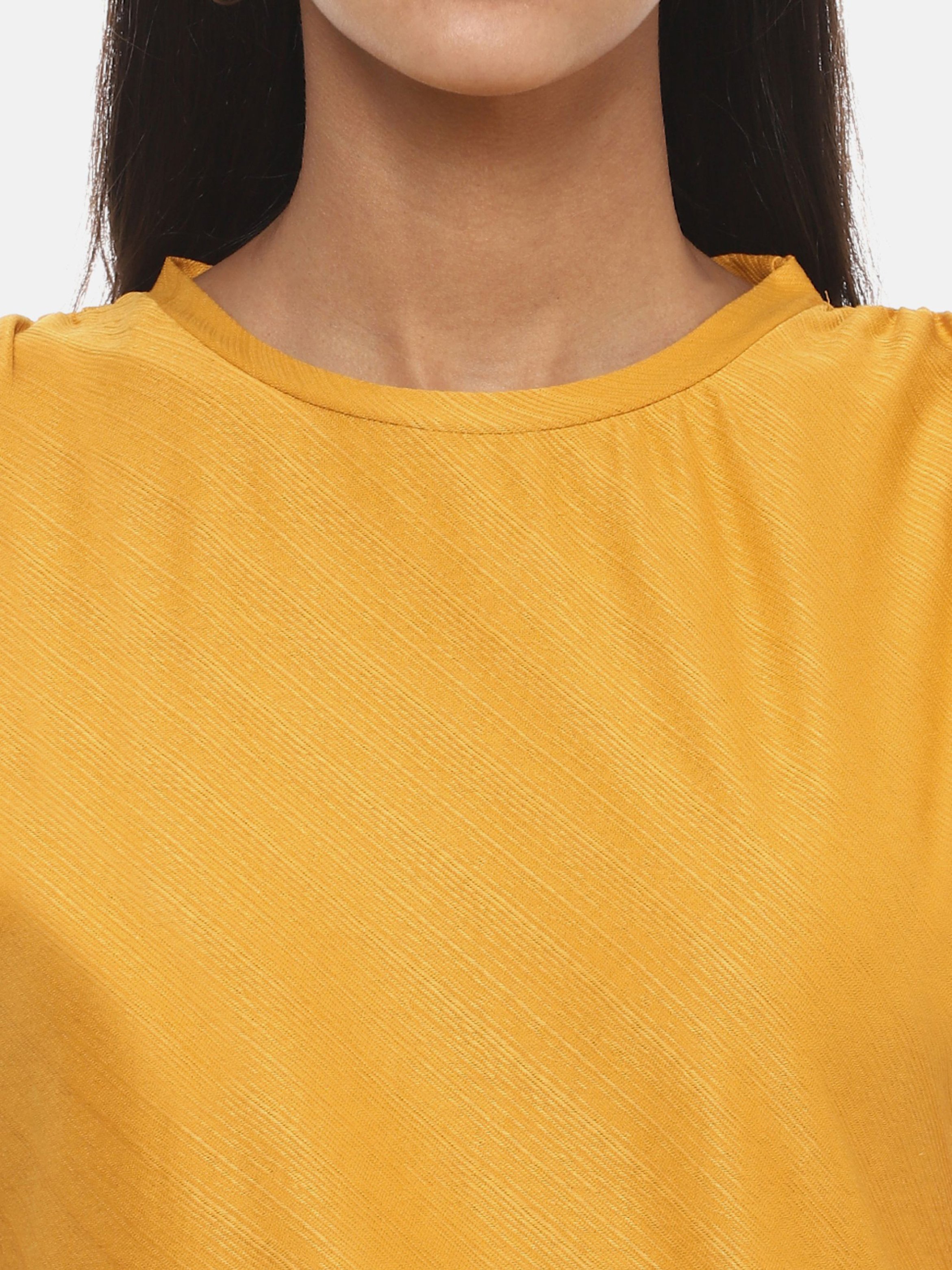 Mustard Ruched Sleeved Solid Top