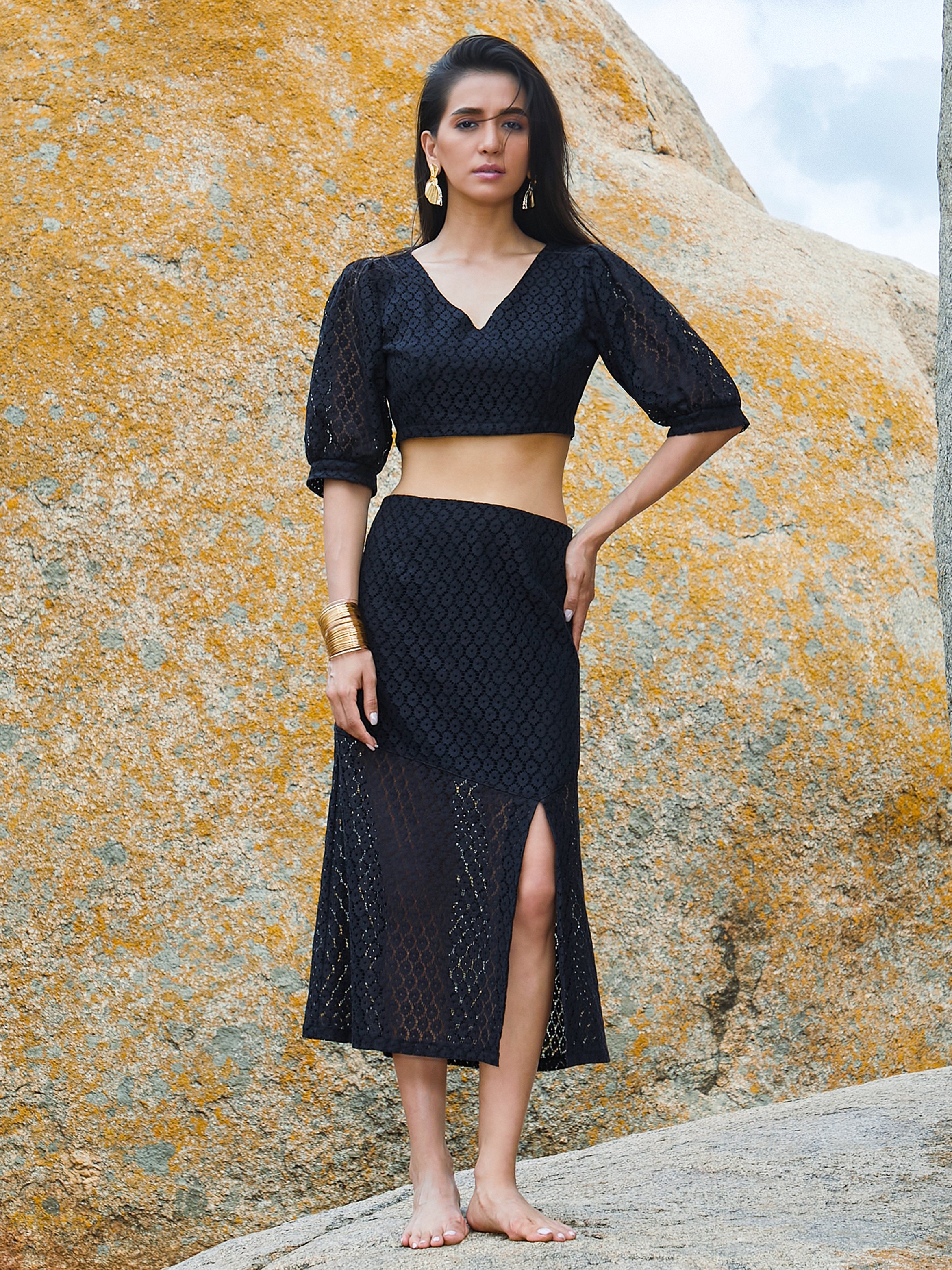 Onyx Black Floral Lace Crop Top and Skirt Co-Ord Set