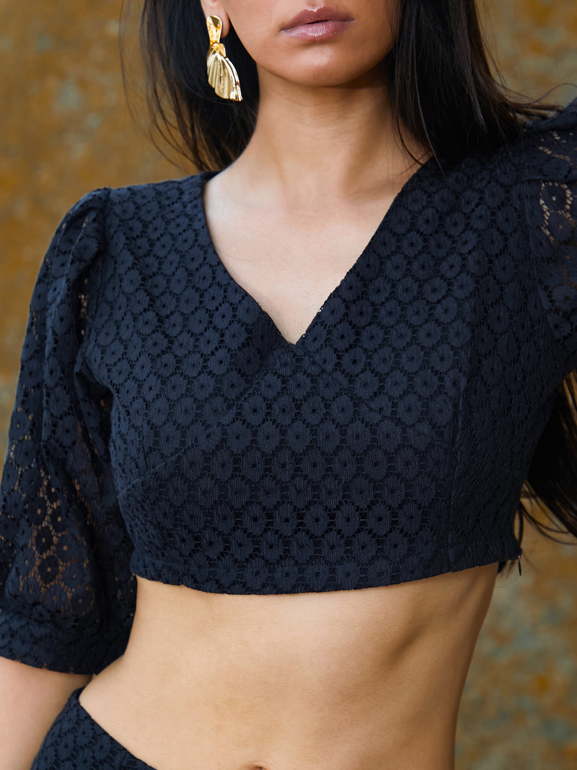 Onyx Black Floral Lace Crop Top and Skirt Co-Ord Set
