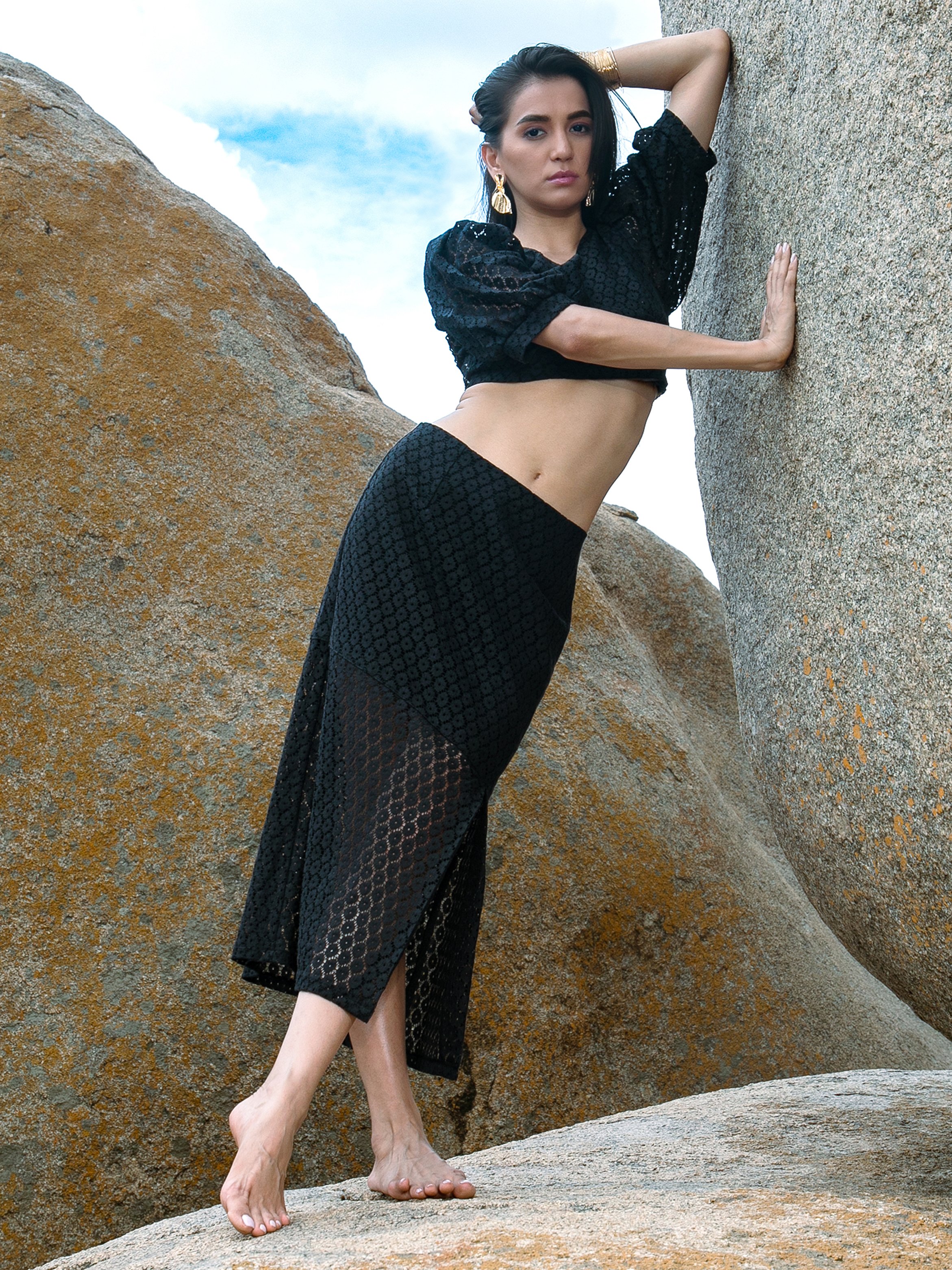 Onyx Black Floral Lace Crop Top and Skirt Co-Ord Set