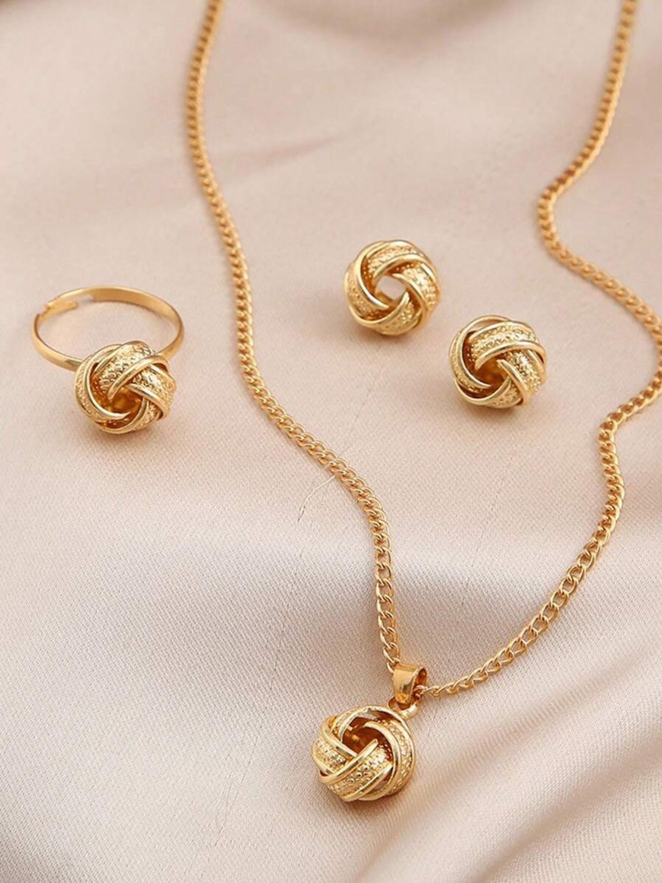 Gold Knot Jewelry Set with Necklace, Earrings and Adjustable Ring 3-Piece