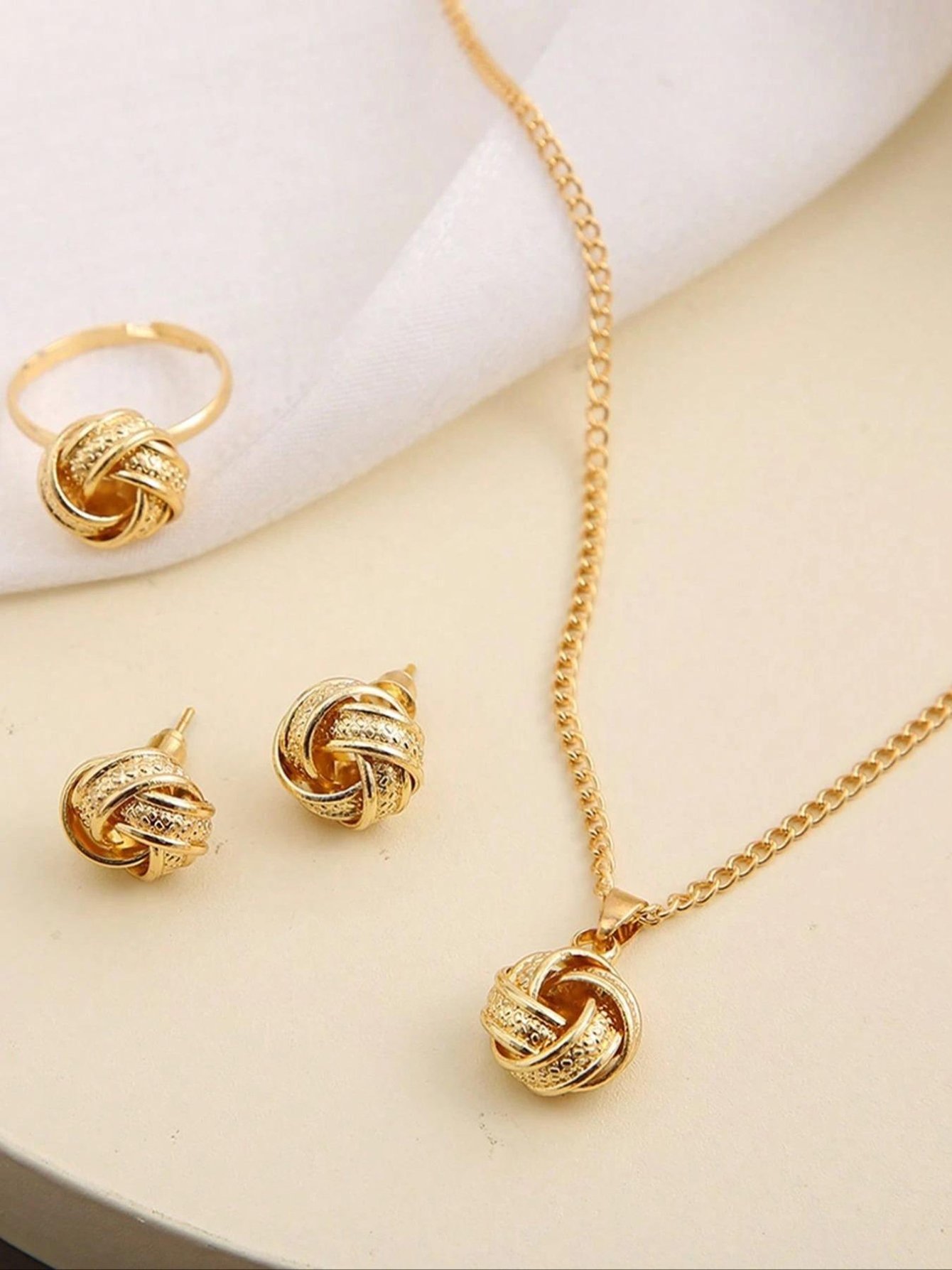 Gold Knot Jewelry Set with Necklace, Earrings and Adjustable Ring 3-Piece