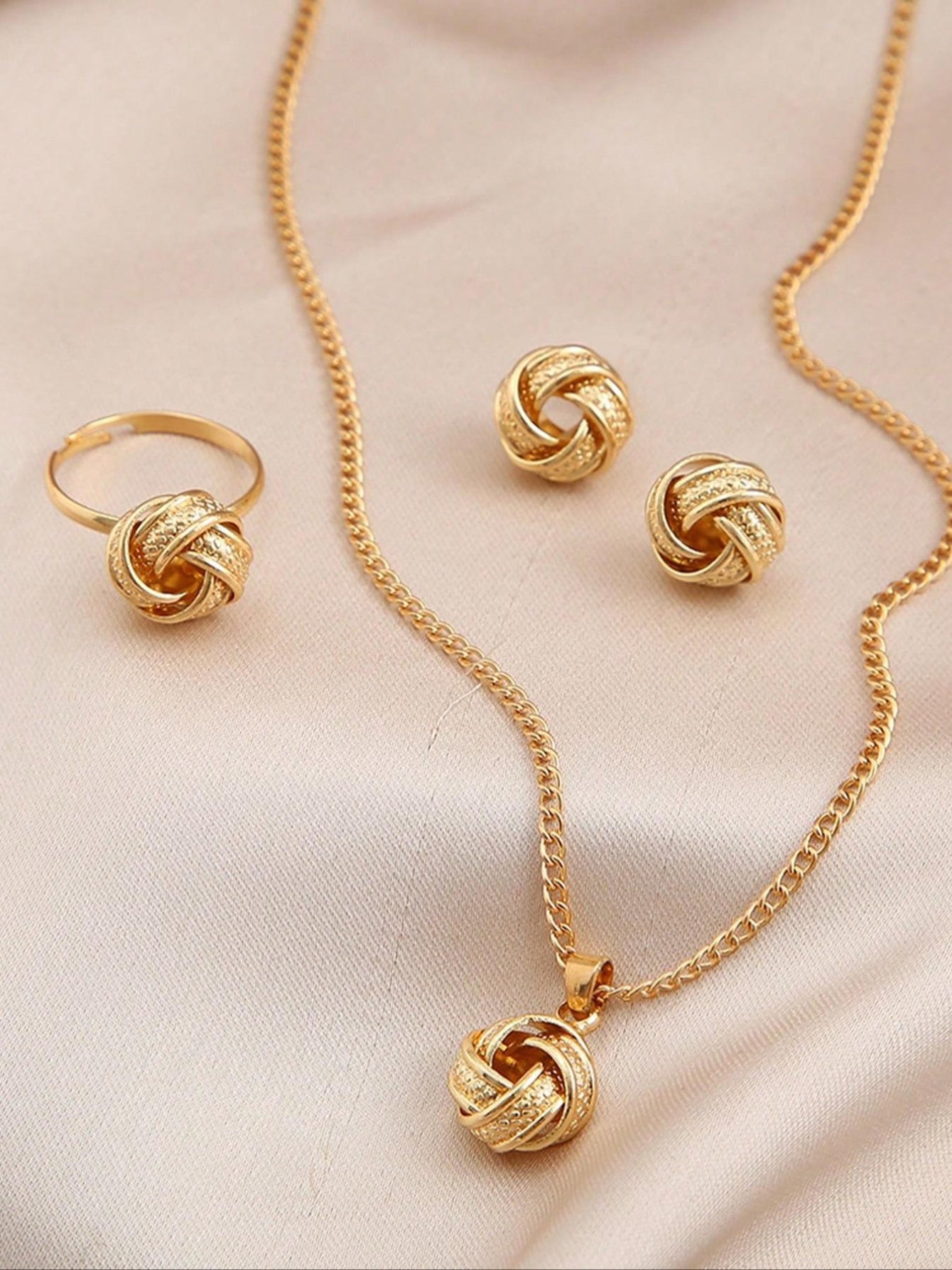 Gold Knot Jewelry Set with Necklace, Earrings and Adjustable Ring 3-Piece