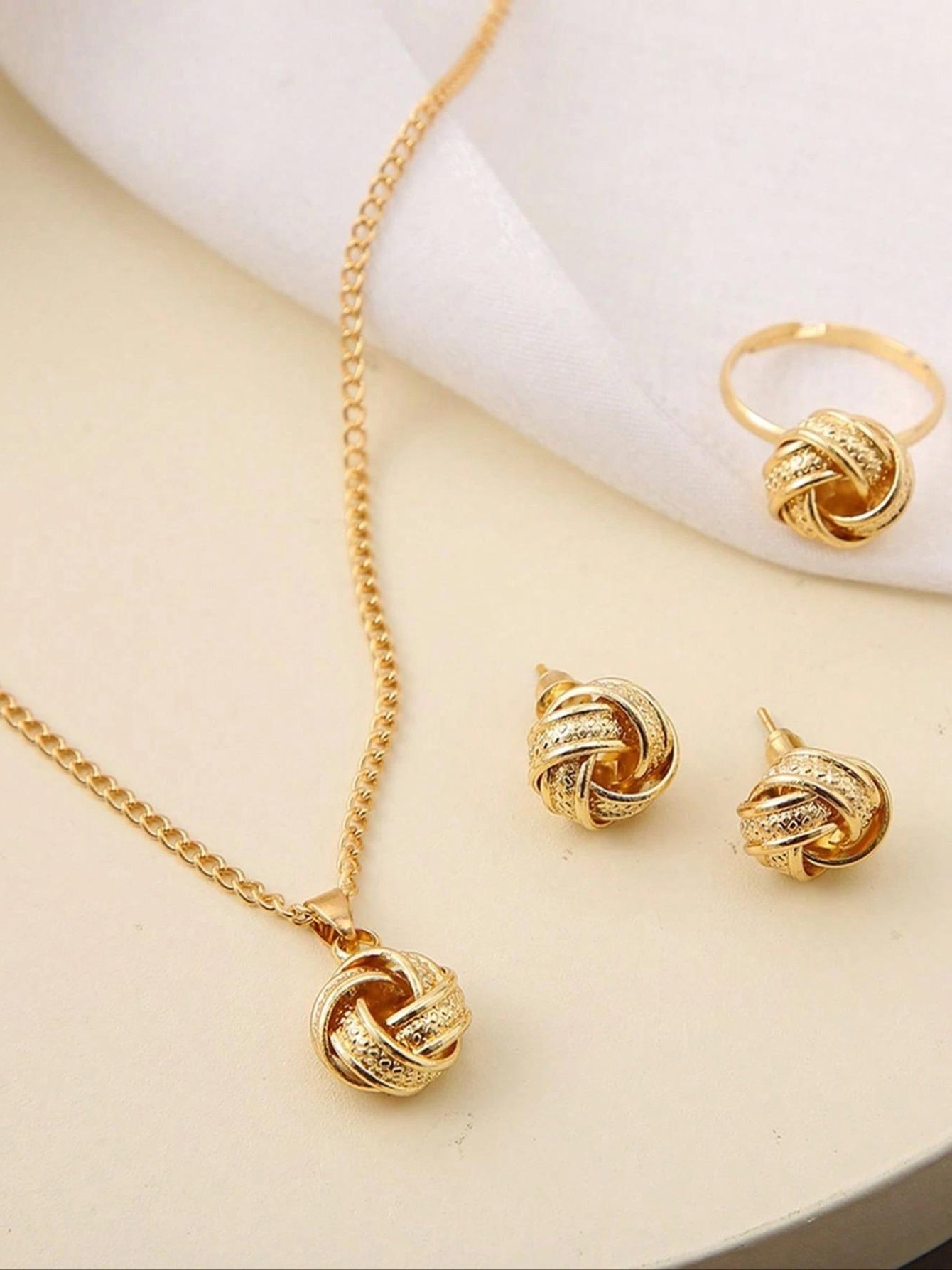 Gold Knot Jewelry Set with Necklace, Earrings and Adjustable Ring 3-Piece