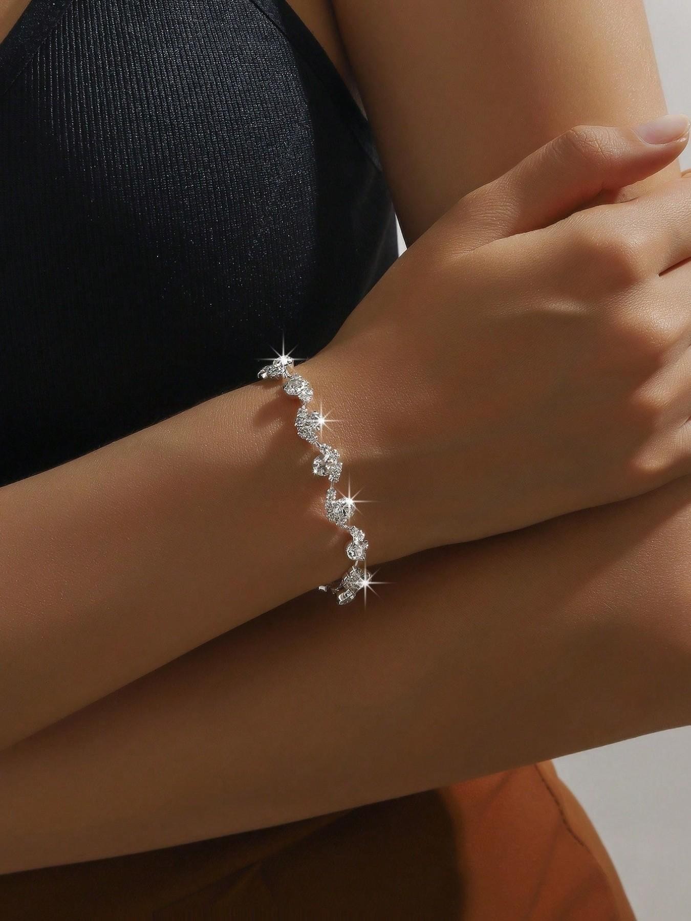 Silver Rhinestone Jewelry Set with Necklace, Earrings, Bracelet - 3 Pcs