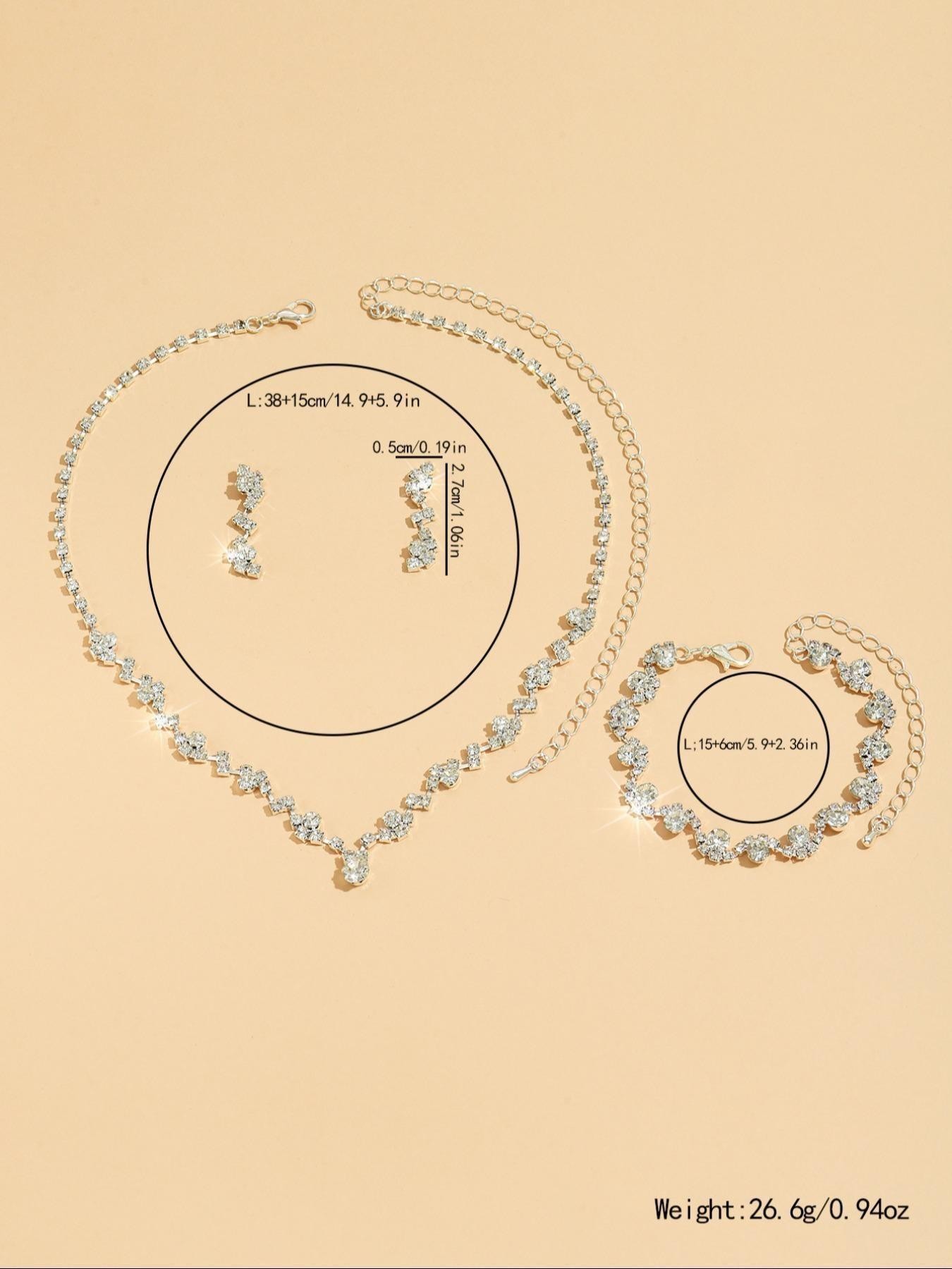 Silver Rhinestone Jewelry Set with Necklace, Earrings, Bracelet - 3 Pcs