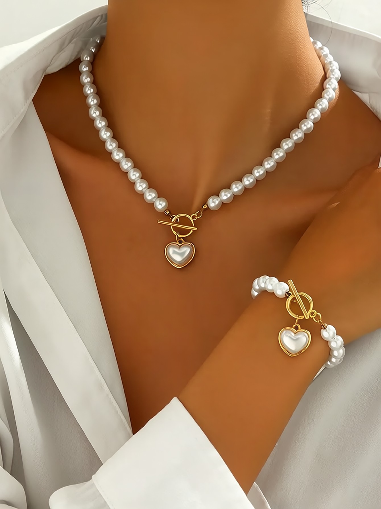 Gold faux Pearl Heart Toggle Necklace and Bracelet Set
