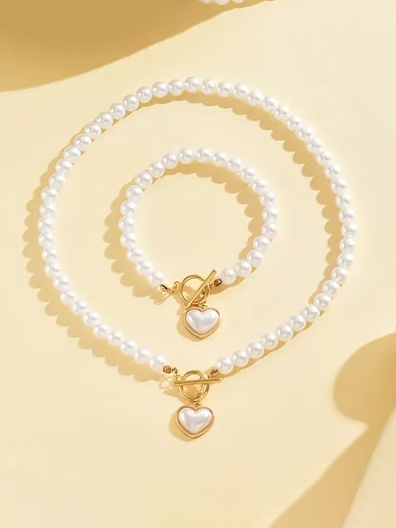 Gold faux Pearl Heart Toggle Necklace and Bracelet Set