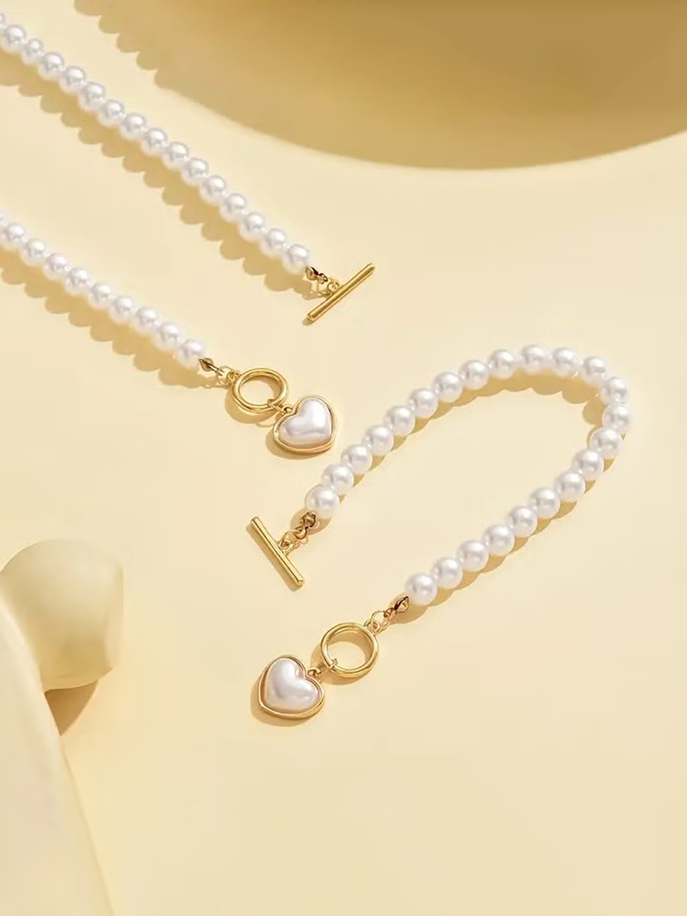 Gold faux Pearl Heart Toggle Necklace and Bracelet Set